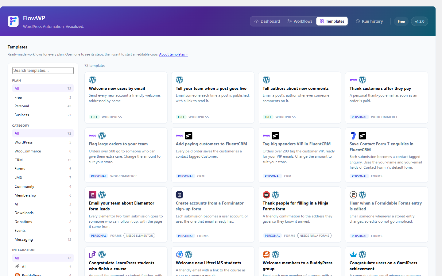 The template gallery — ready-made workflows, filtered by plan, category, and what this site actually has installed.