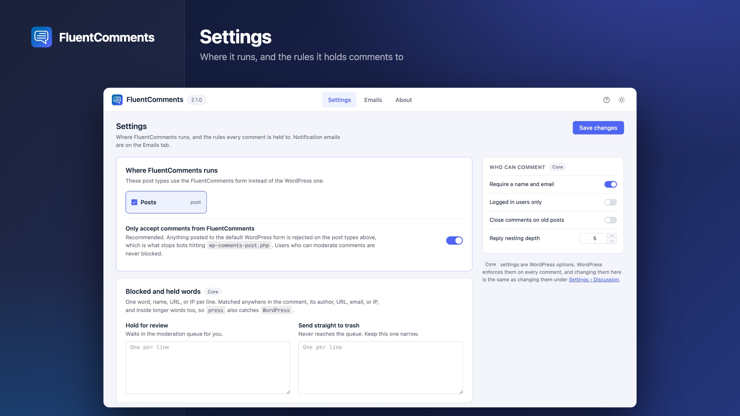 The settings screen: which post types FluentComments runs on, and the rules every comment is held to