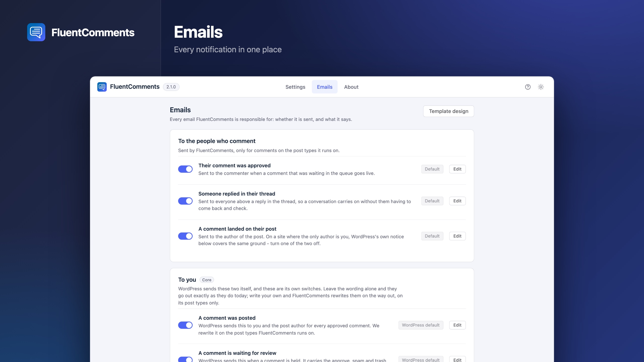 Every notification email in one place, each one switched on or off from the row