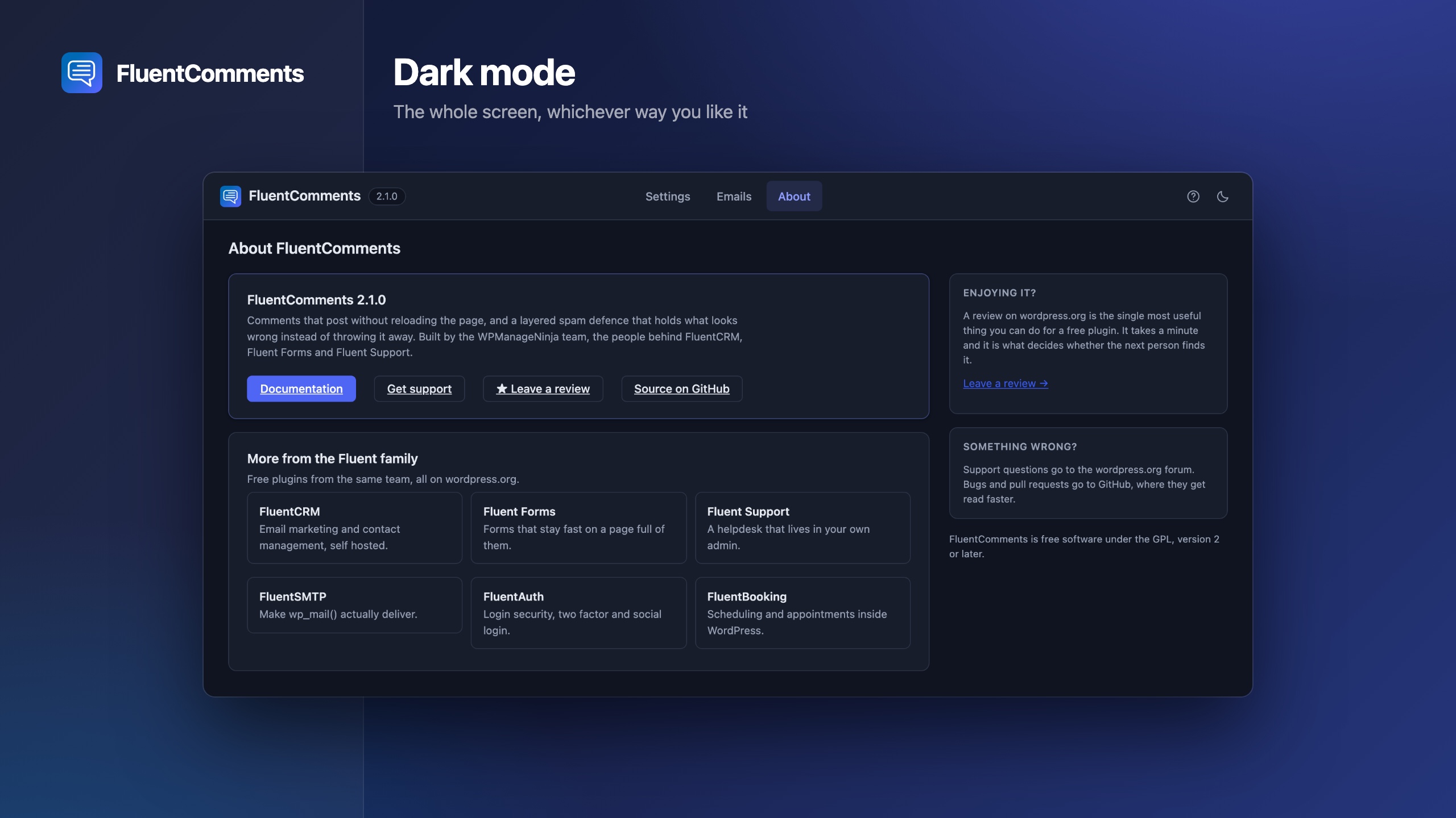 The whole screen in dark mode, remembered per browser