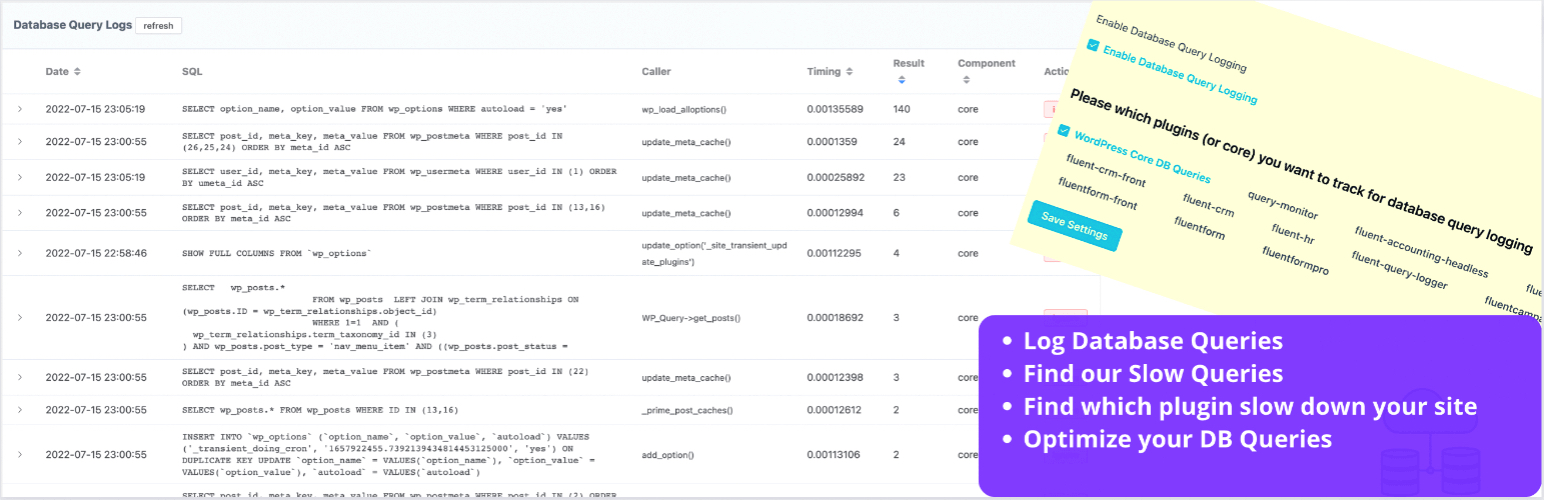 WordPress 外掛 Fluent Query Logger – Log Database Queries and analyze plugin database performance 的封面圖片。