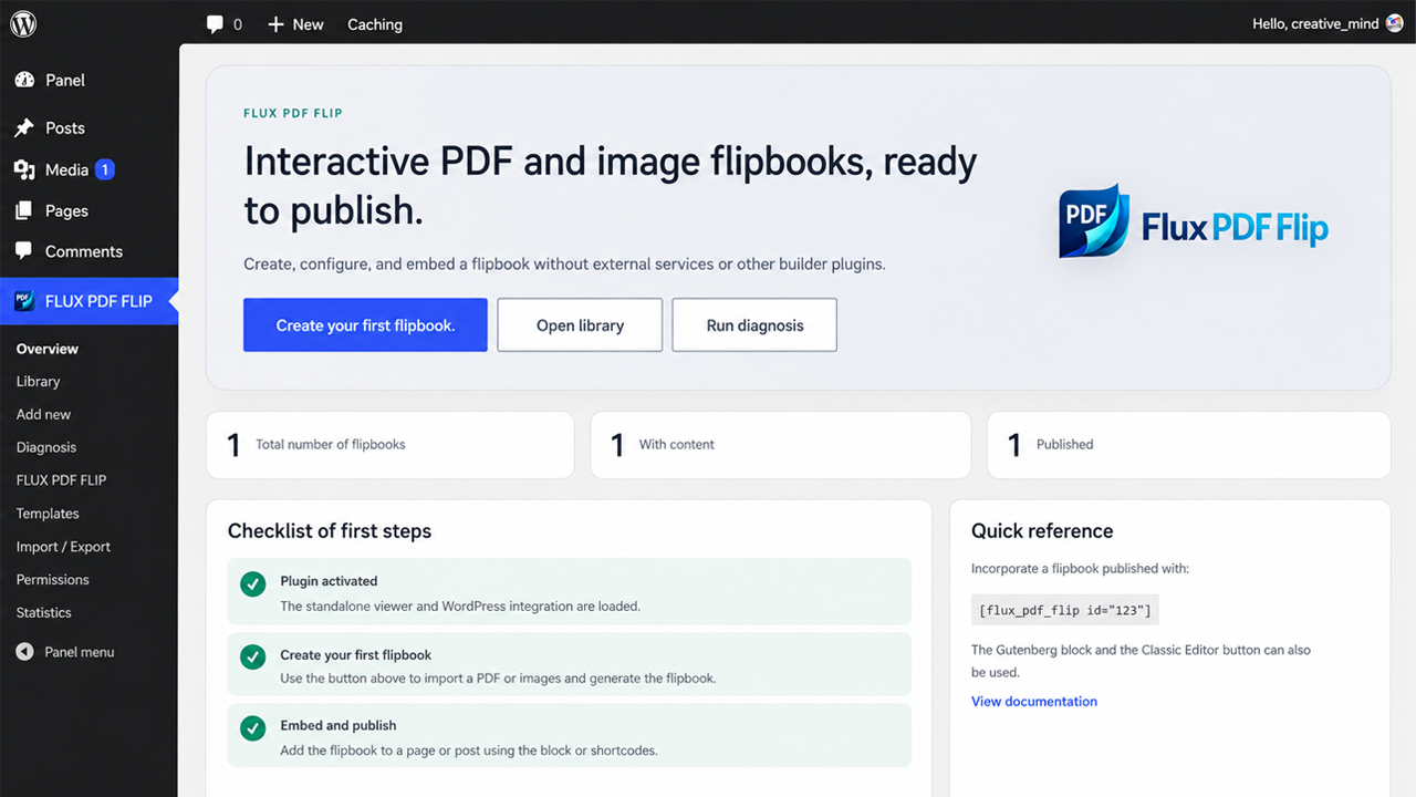 FLUX PDF FLIP overview with publishing shortcuts, flipbook counters, onboarding checklist and quick reference.