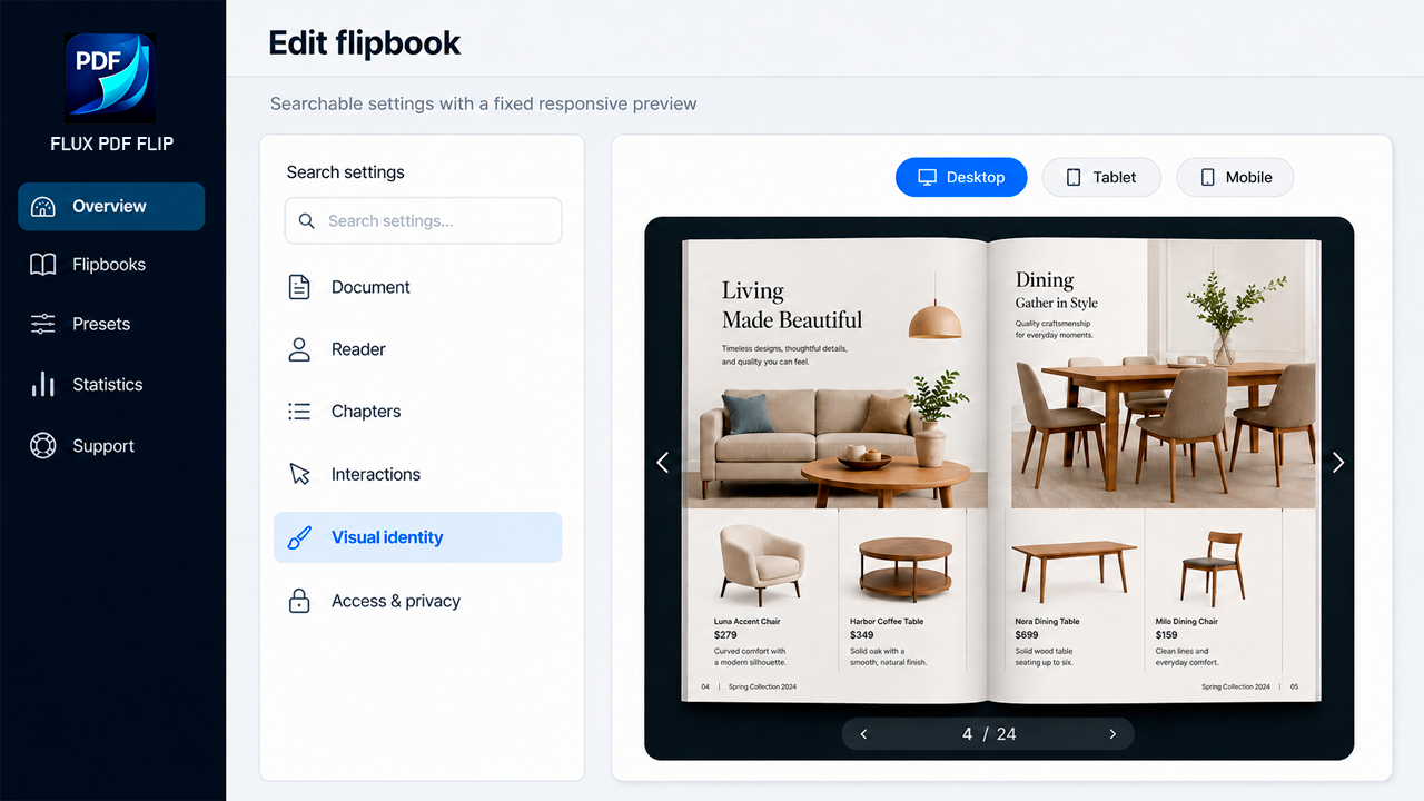 Visual editor with searchable settings and responsive Desktop, Tablet and Mobile preview.