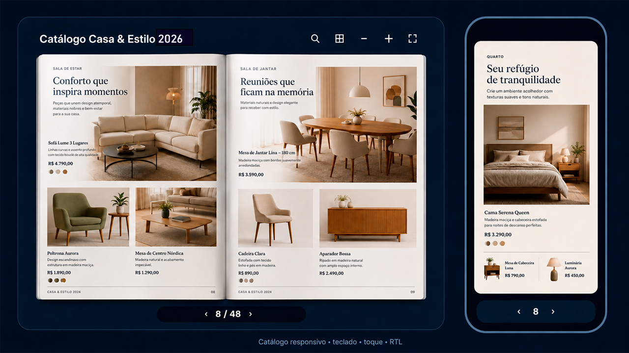 Responsive furniture catalog demonstration showing an open desktop spread and the corresponding mobile reading experience.