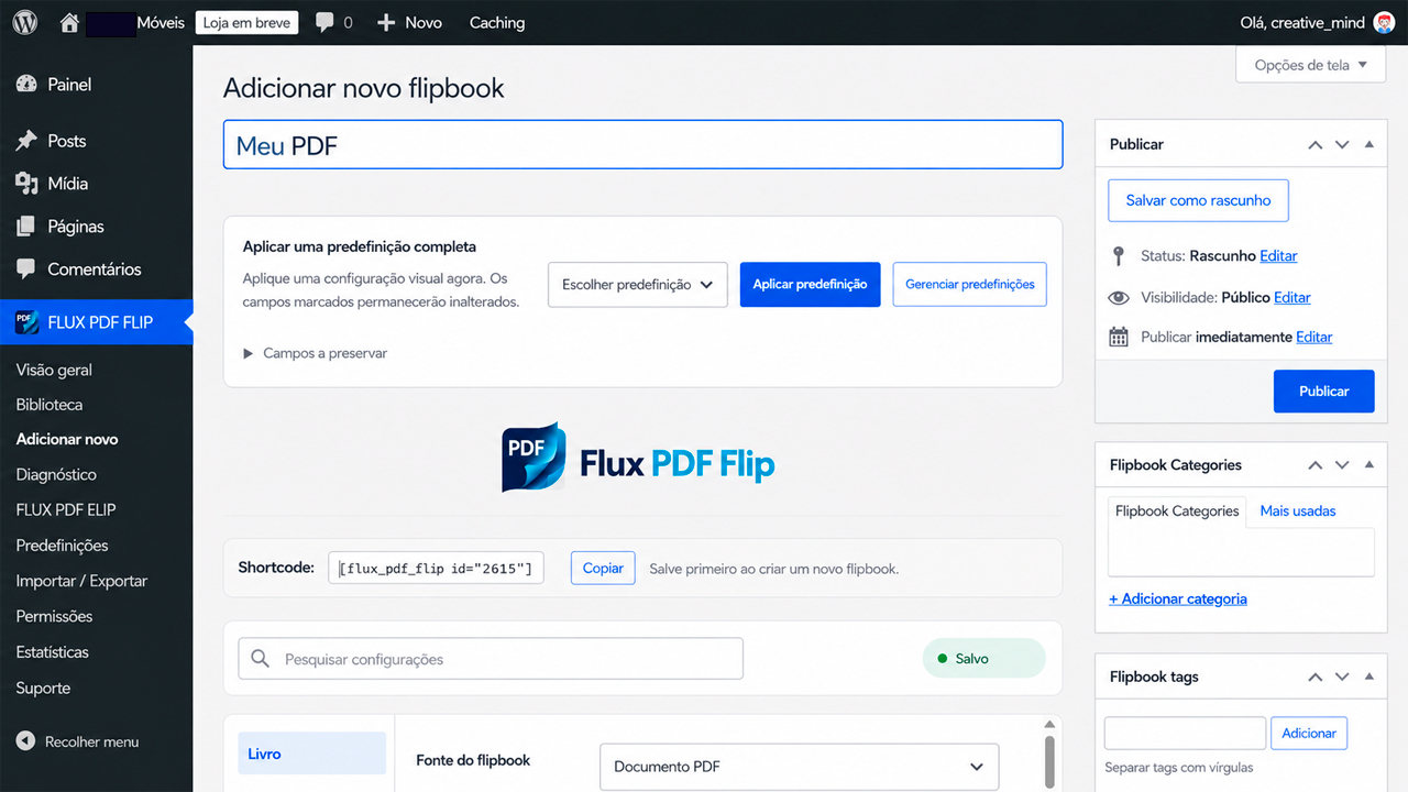 Add New Flipbook screen with presets, document source, shortcode, categories and WordPress publishing controls.