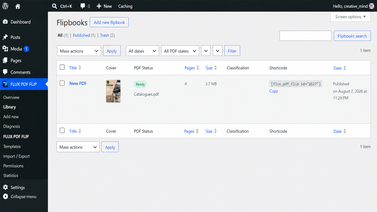 Flipbook library with cover preview, PDF status, page count, file size, shortcode and publication information.