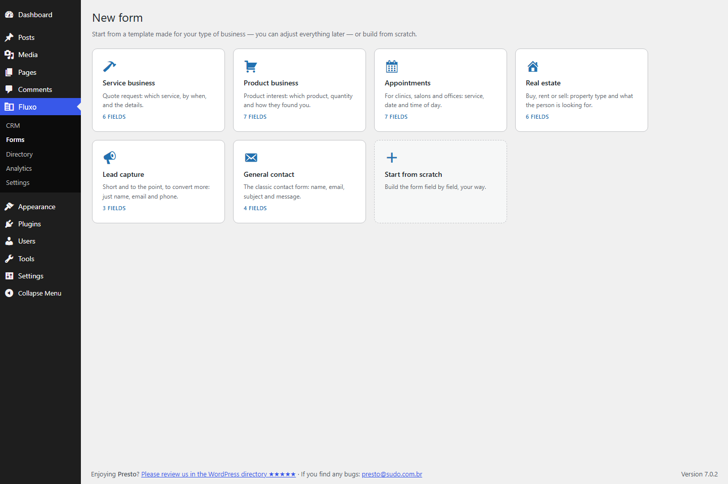 Form builder: ten field types, required flags, and per-form success message or redirect.