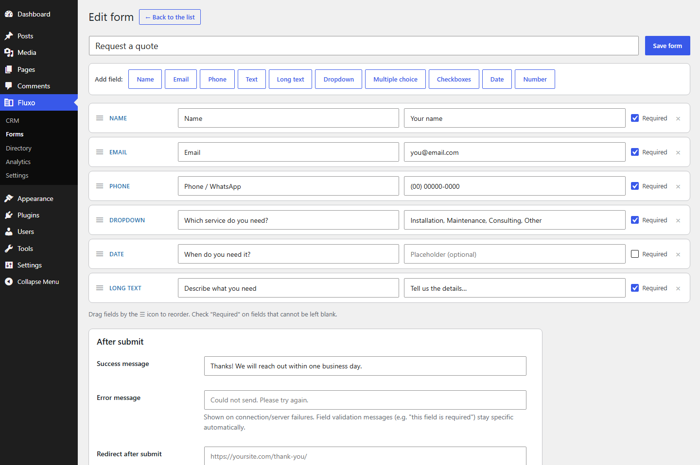 Contact directory: full-text search across every stored field, with one-click CSV export.