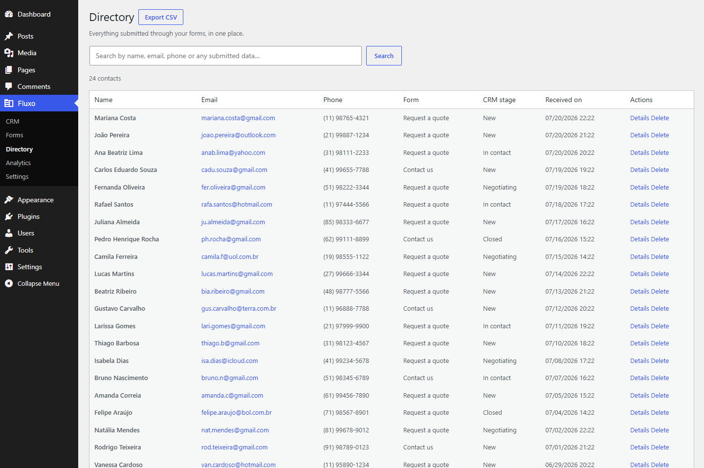 Analytics: submissions over time, per-form and per-stage breakdowns, and top UTM sources.