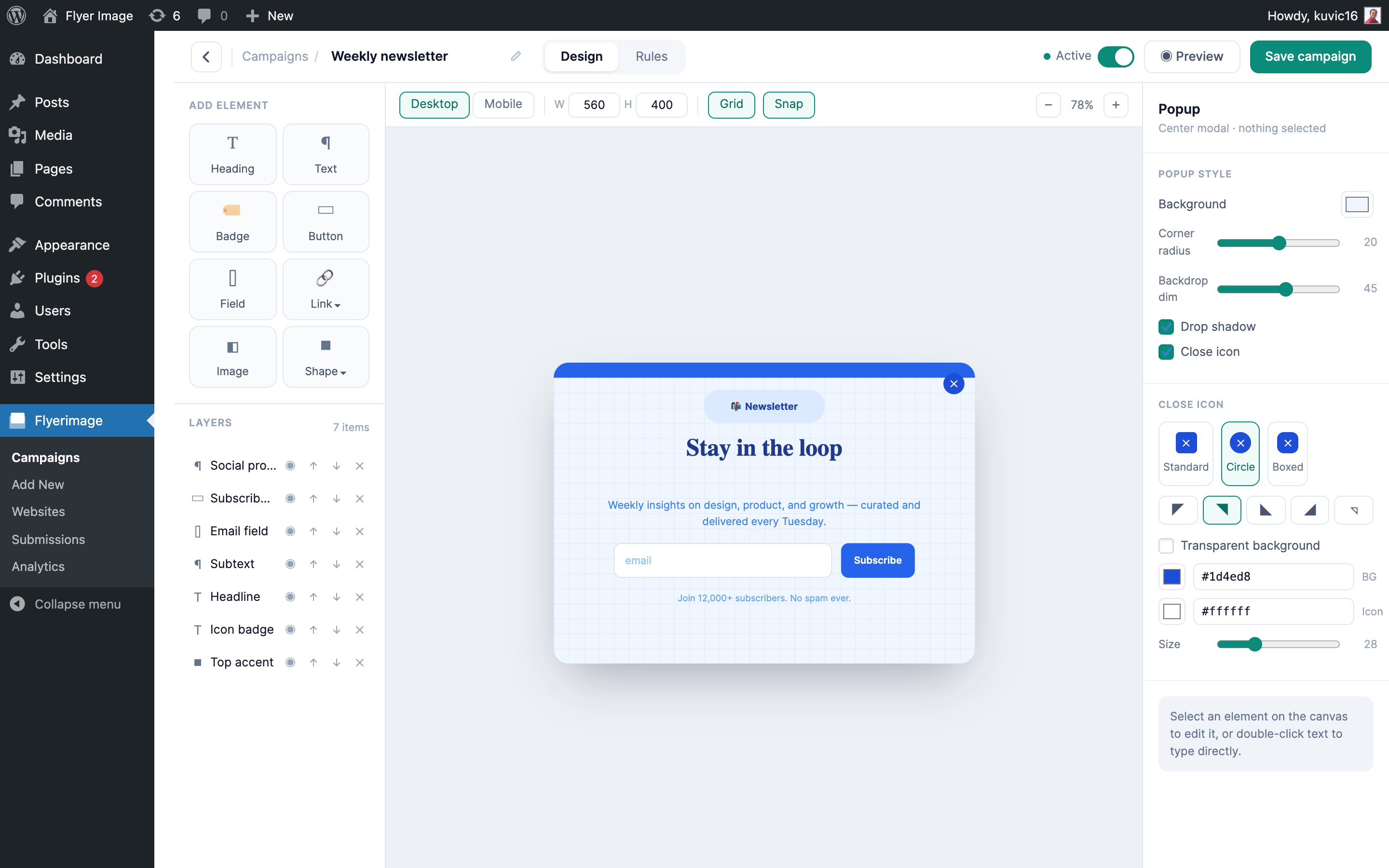 Drag-and-drop editor with layers, desktop and mobile layouts, and popup styling.