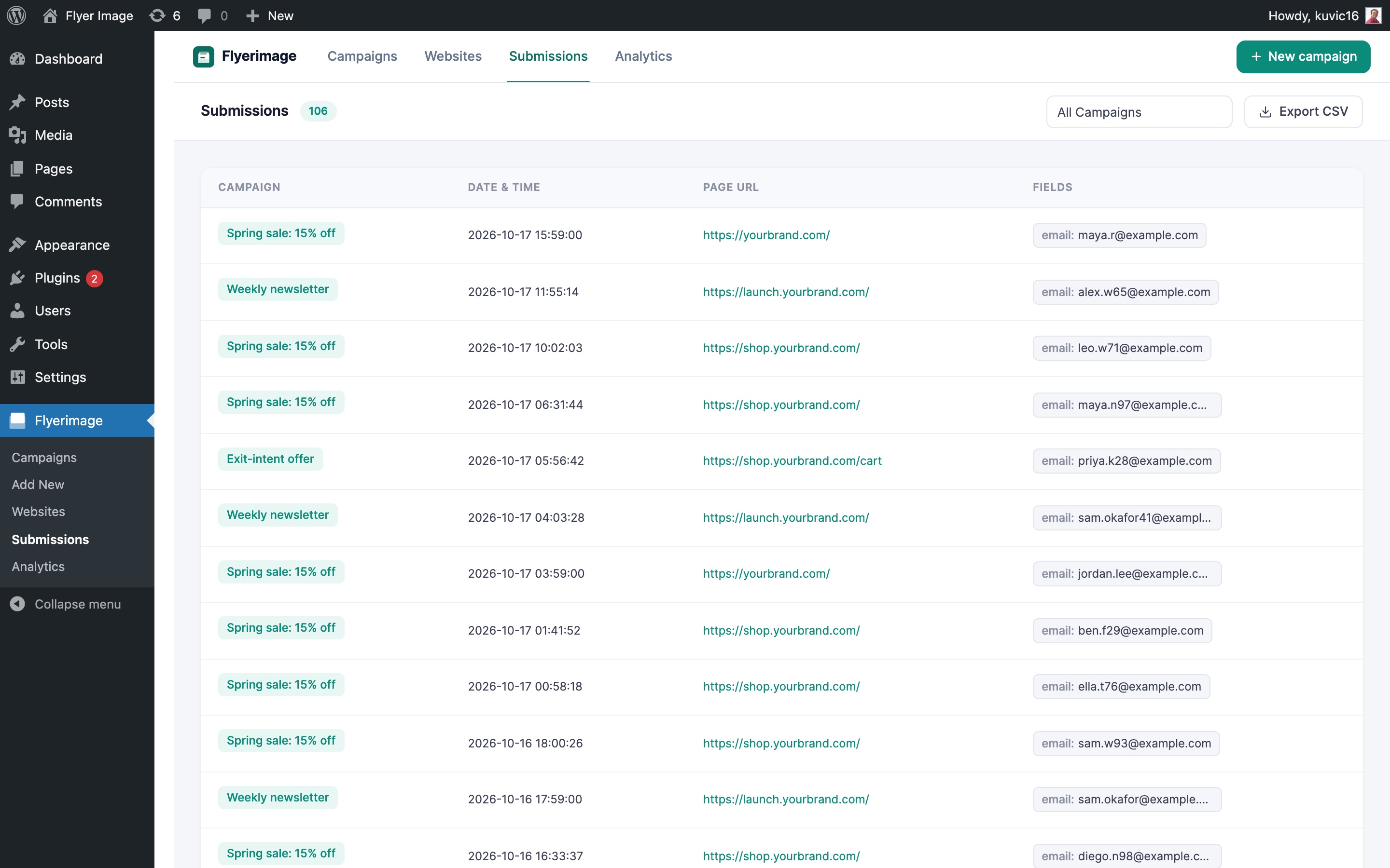Submissions from every campaign and website, with CSV export.