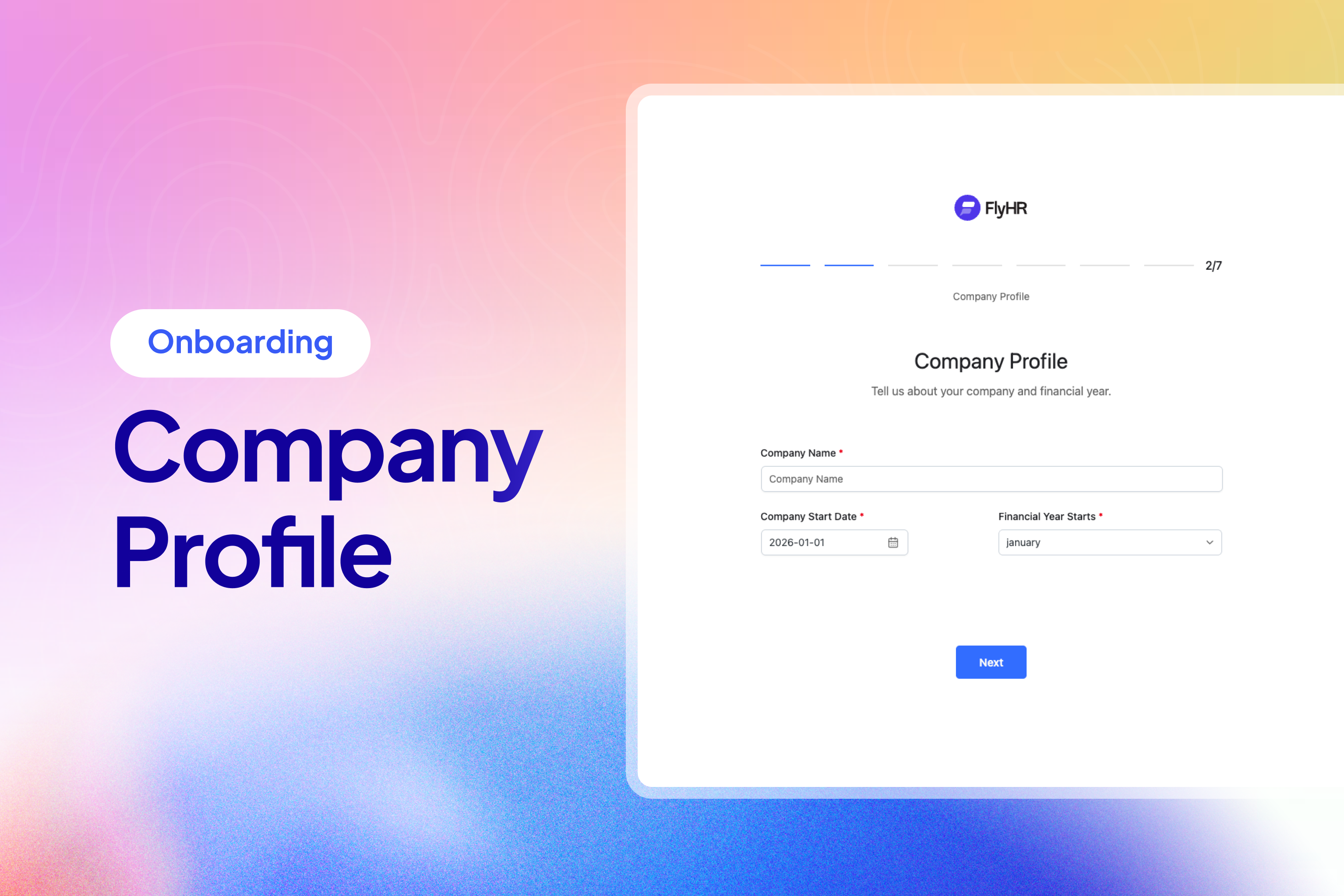 Onboarding wizard — company profile and financial year.