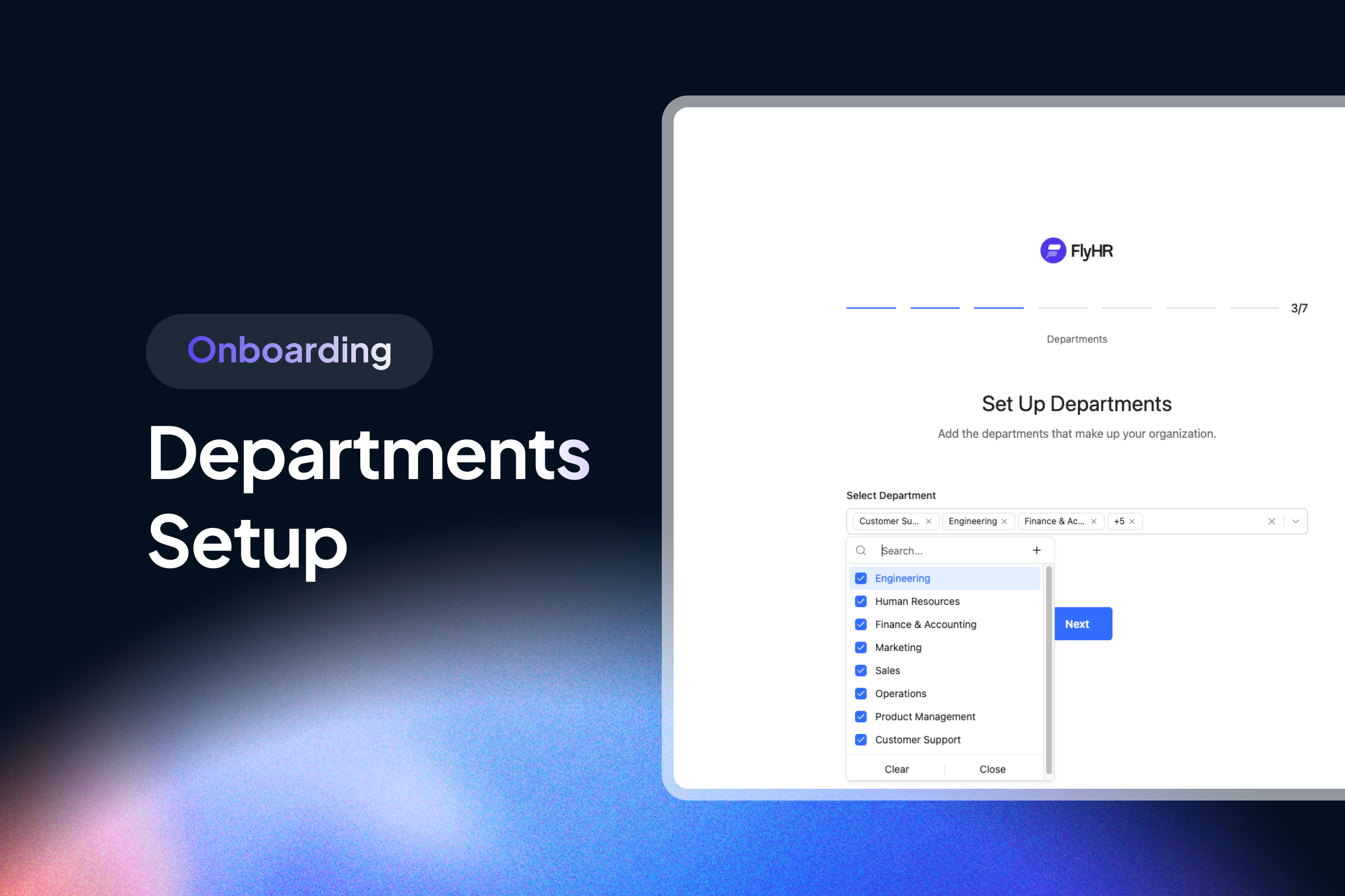 Onboarding wizard — pick the departments that make up your organization.