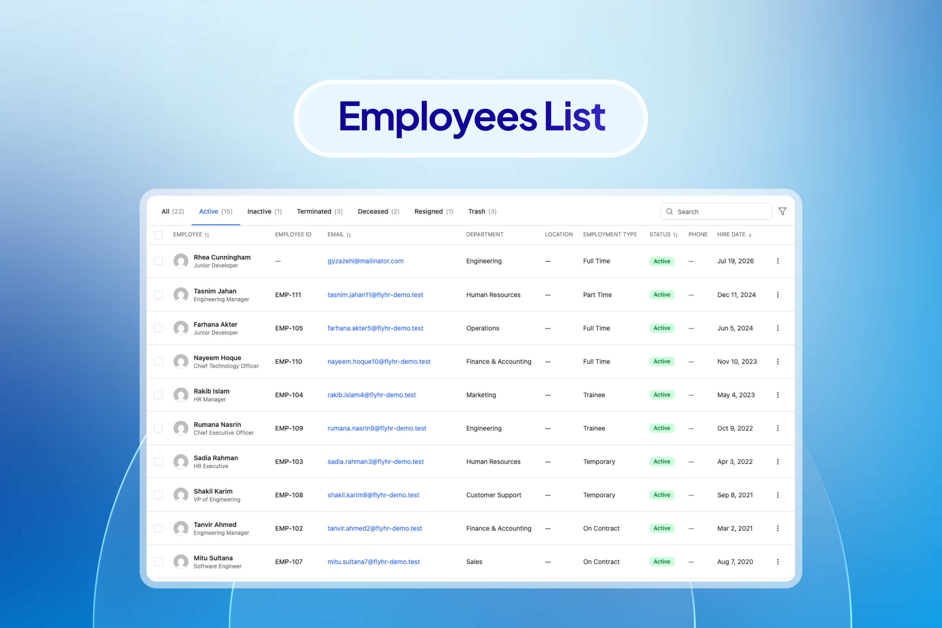 Employee directory with status tabs, search, and filtering.