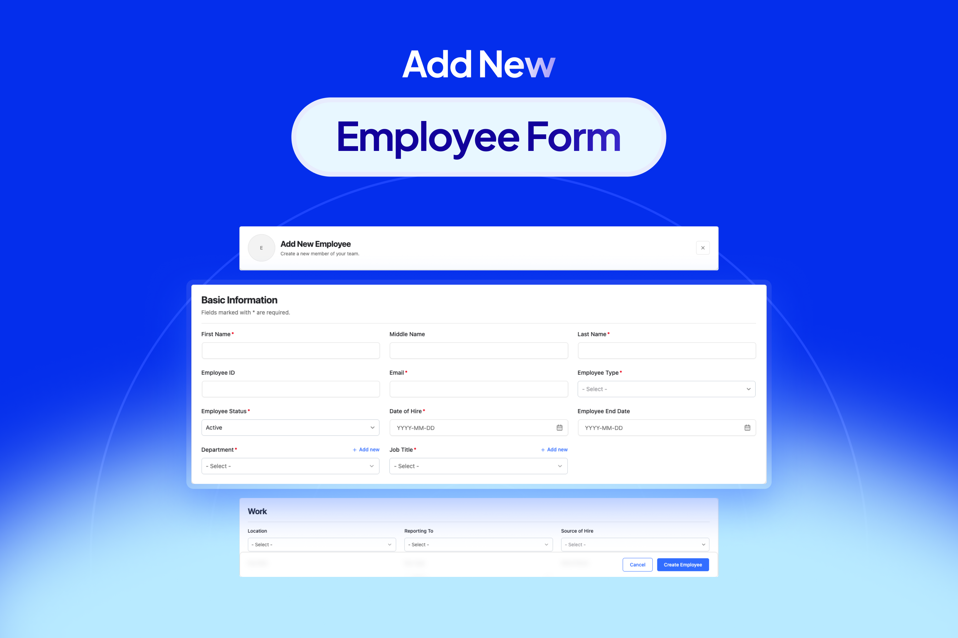 Add a new employee with basic, work, and contact details.