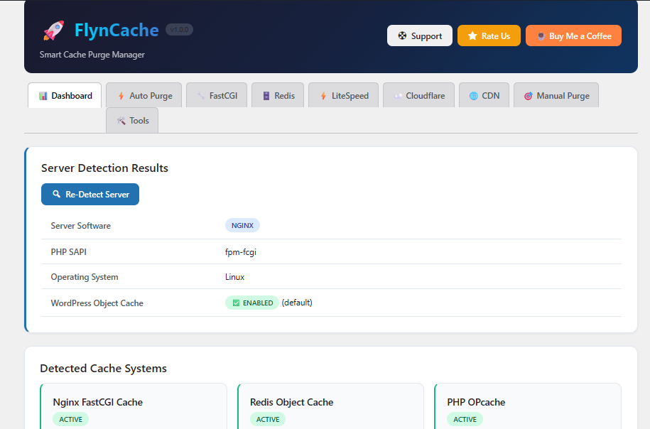 Server detection results in the FlynCache Purge dashboard