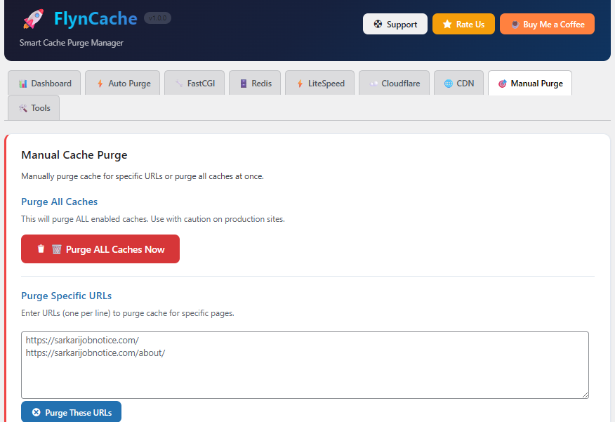 FlynCache Purge manual purge screen