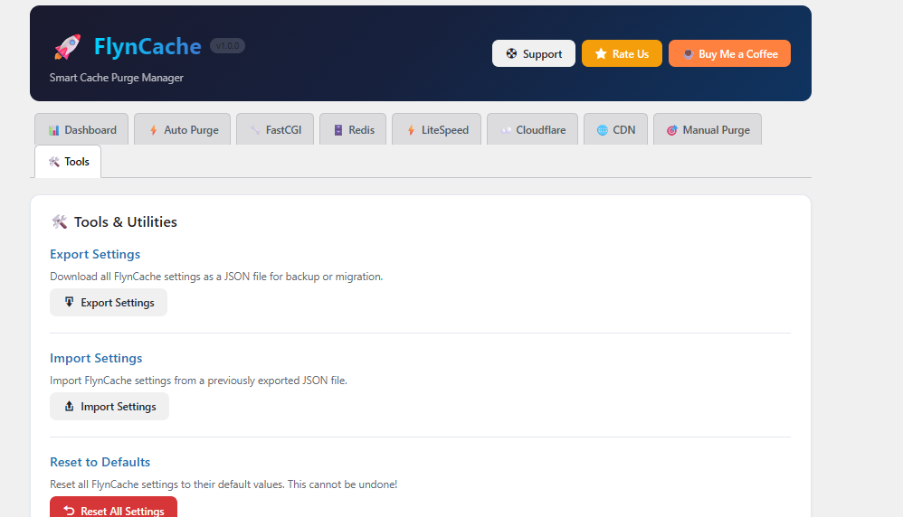FlynCache Purge tools and utilities screen