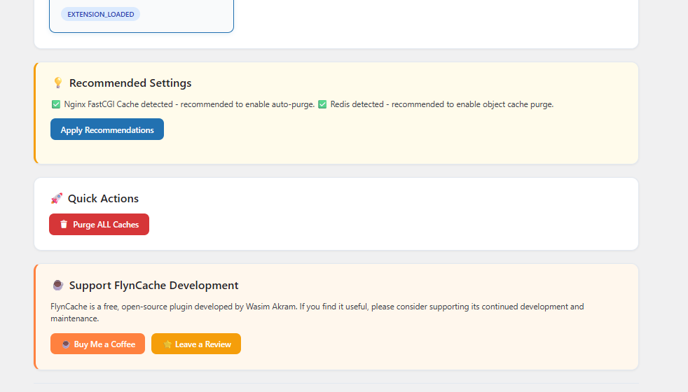 FlynCache Purge recommended settings panel