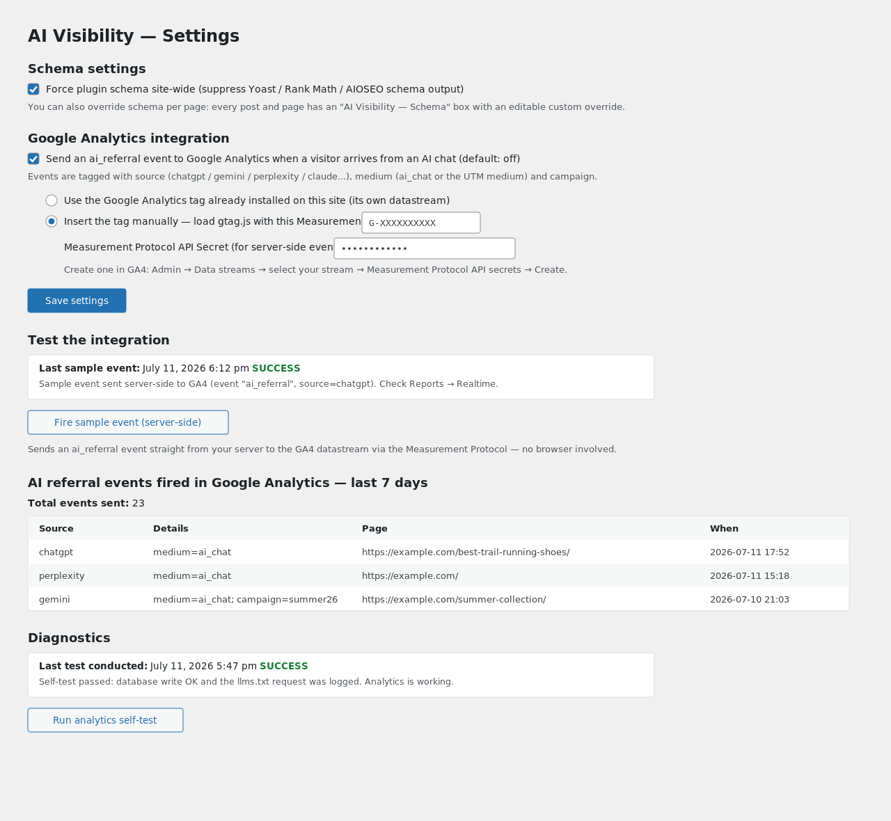 Settings & Status — schema force mode, Google Analytics integration with server-side sample event, live valid/invalid status indicators (Analytics, LLMS access, Schema enforcement), and analytics diagnostics with an error-code log.