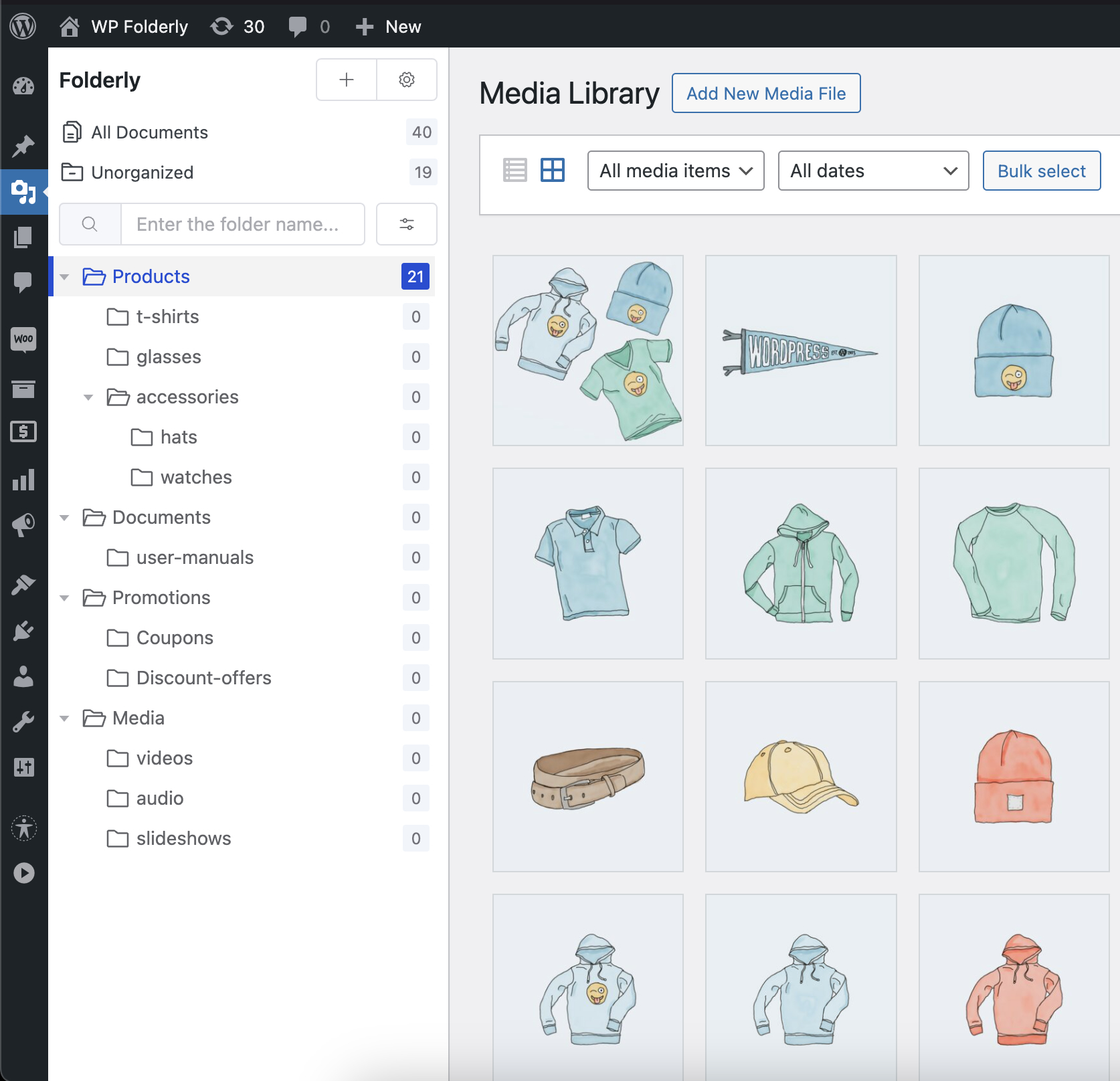 Overview of Folderly in the WordPress media library