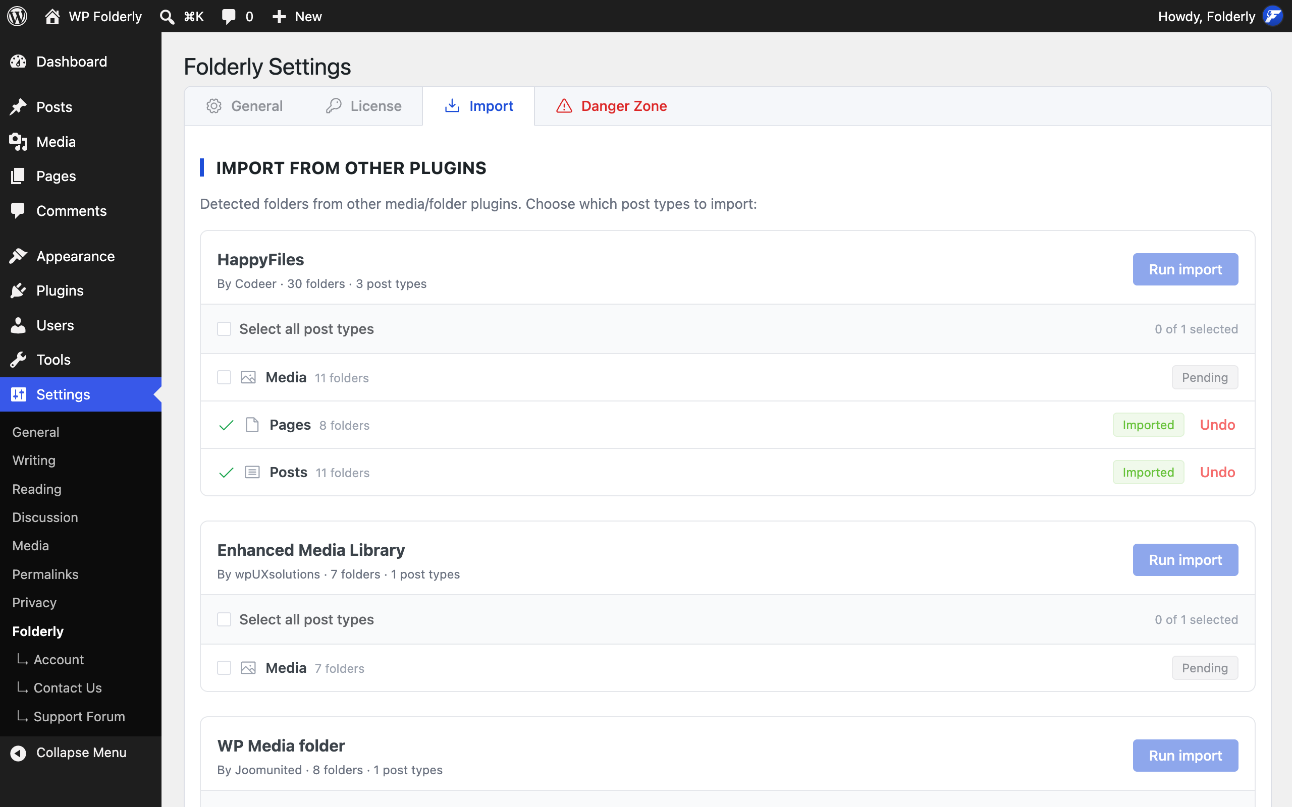 Import folders from 12 other folder plugins, choosing post type by post type — and undo any import on its own