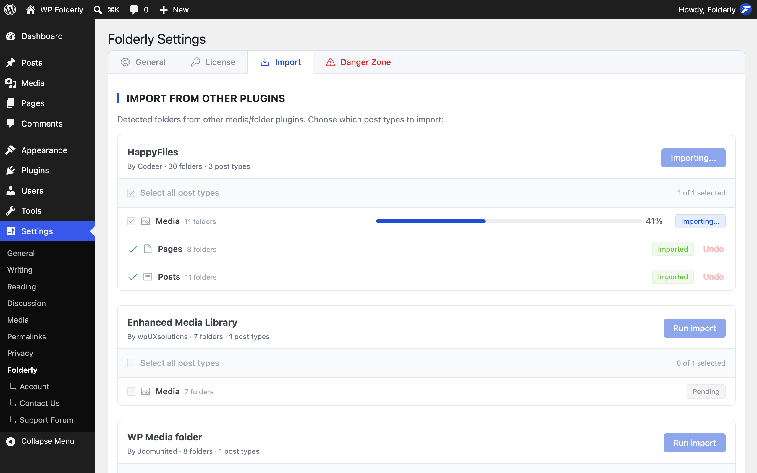 Imports run in small batches with a live progress bar, so large libraries finish without server timeouts