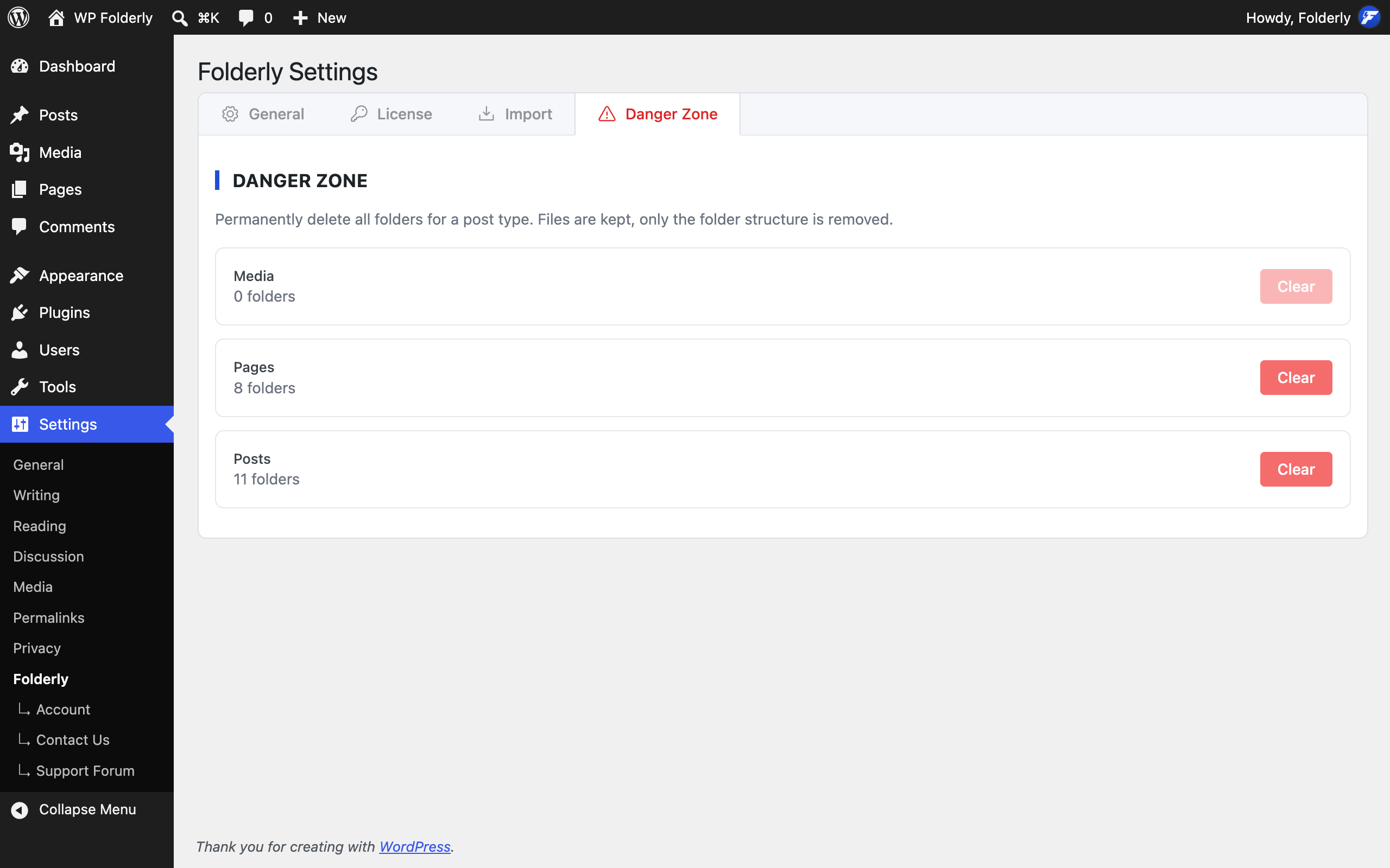 Danger Zone: clear every folder for a post type in one place; your files and posts are kept