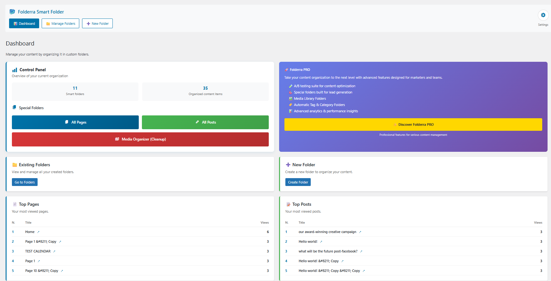 Folderra dashboard overview