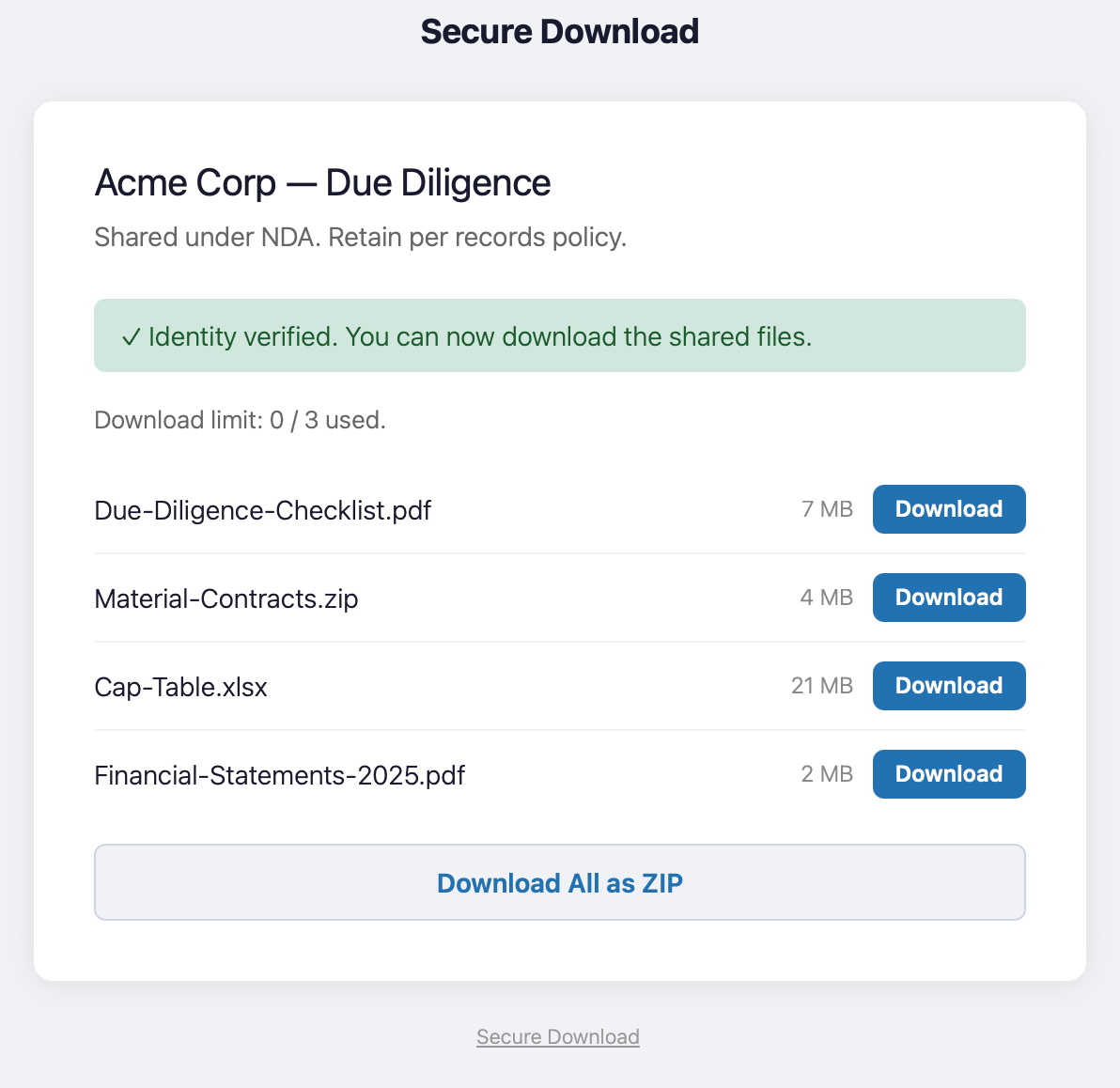 Recipient download page after two-factor verification, with per-file downloads and the ZIP bulk download option.