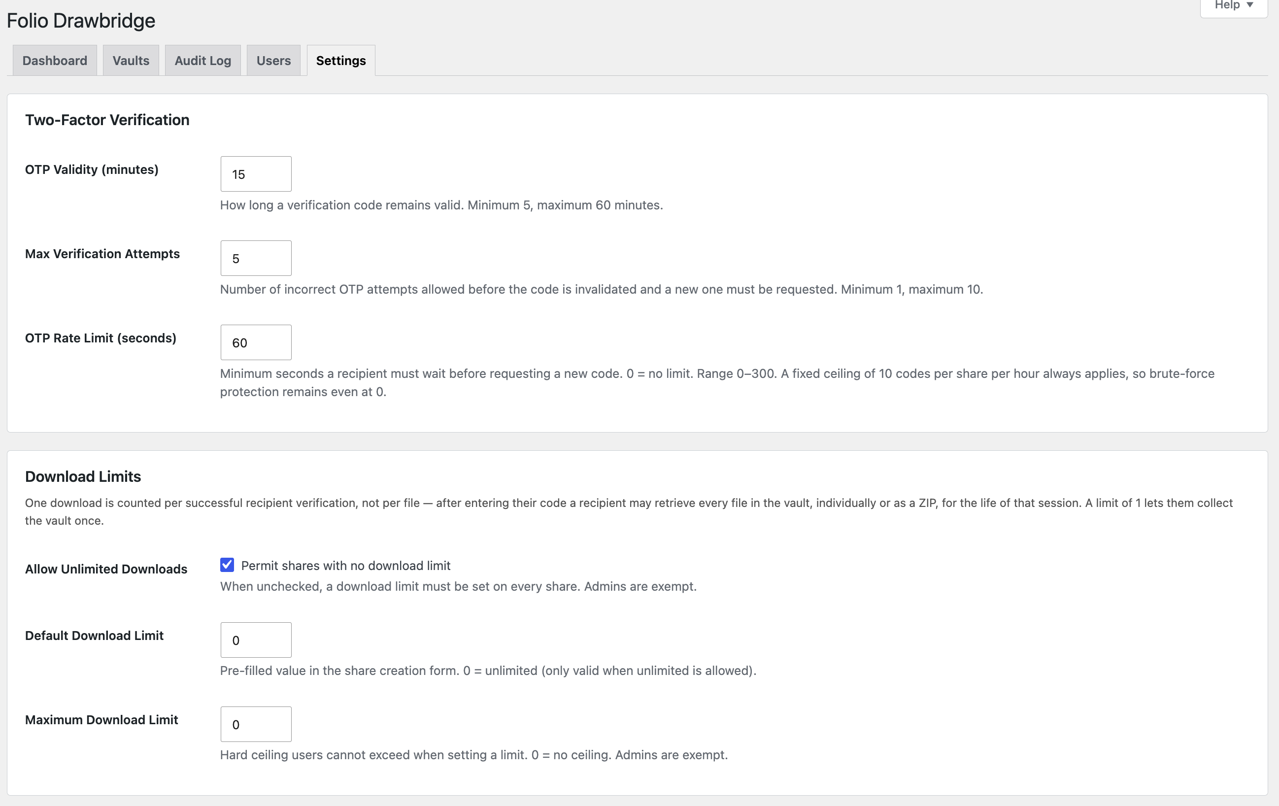 Settings — two-factor verification (code validity, attempt limit, request rate limit) and download limits.