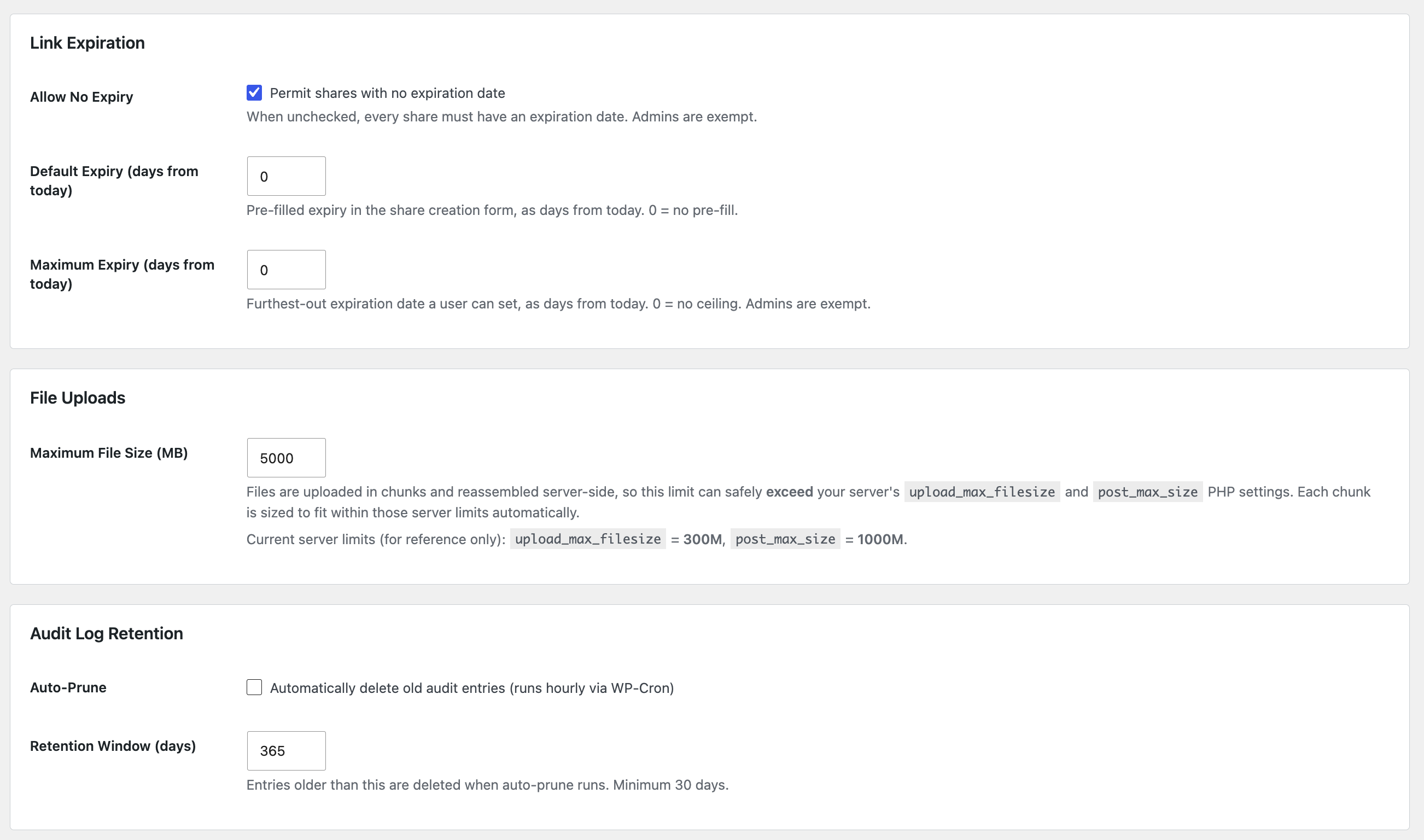 Settings — link expiration defaults and ceilings, chunked upload size limit, and audit log retention.