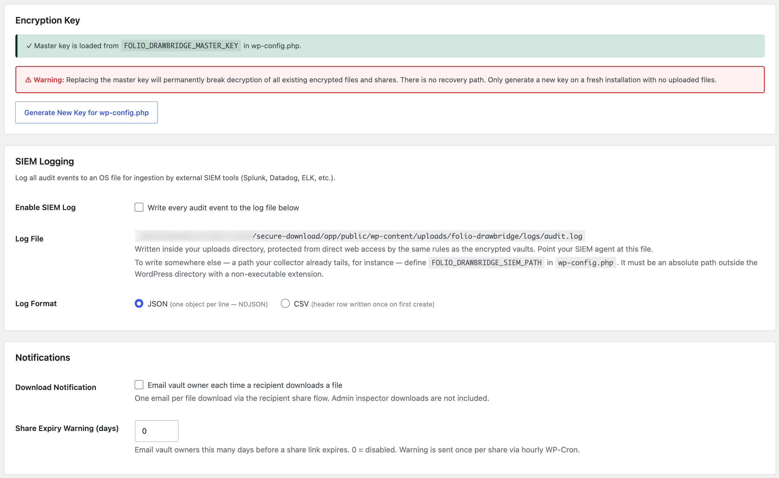 Settings — encryption key source and generator, SIEM log file export, and owner notification options.