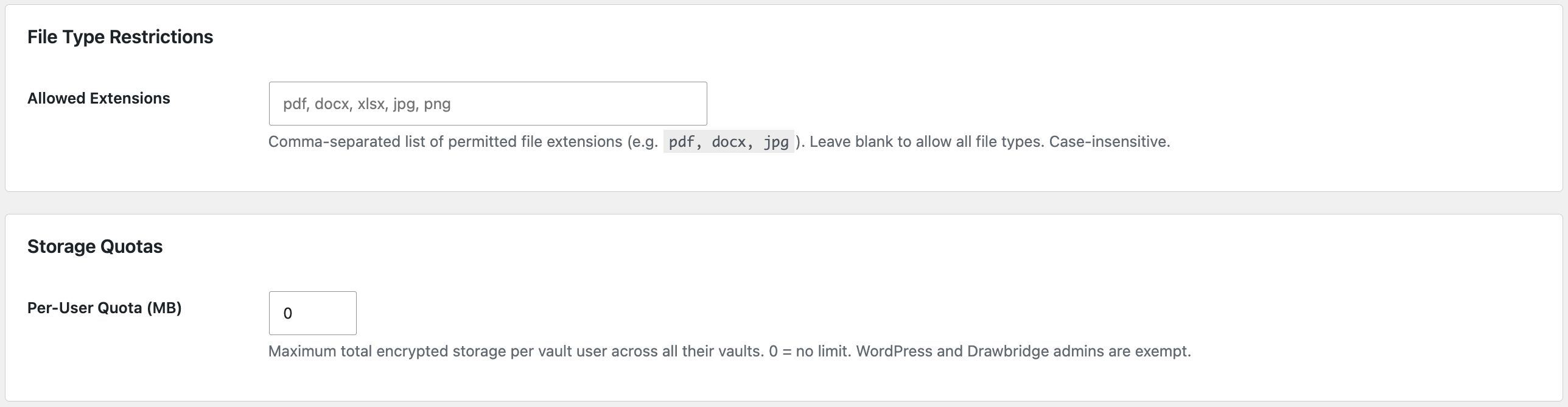 Settings — file type allowlist and per-user storage quotas.