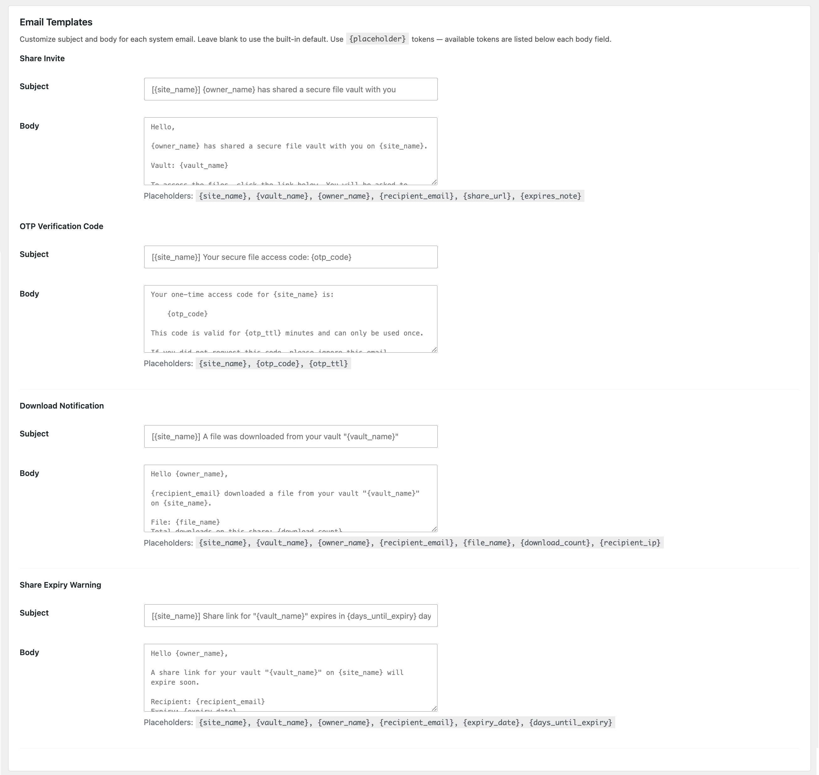 Settings — customisable templates for all four system emails, each with its available placeholder tokens.