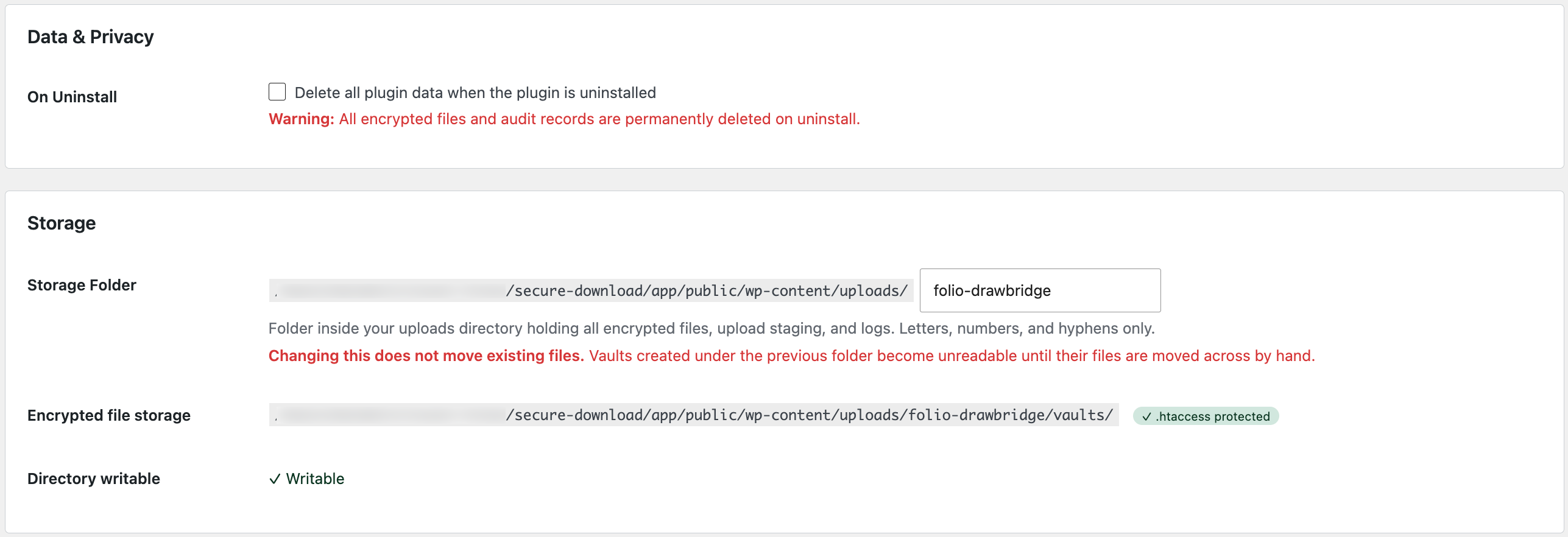 Settings — data removal policy on uninstall, the storage folder name inside the uploads directory, and the resolved encrypted storage location with its protection status.