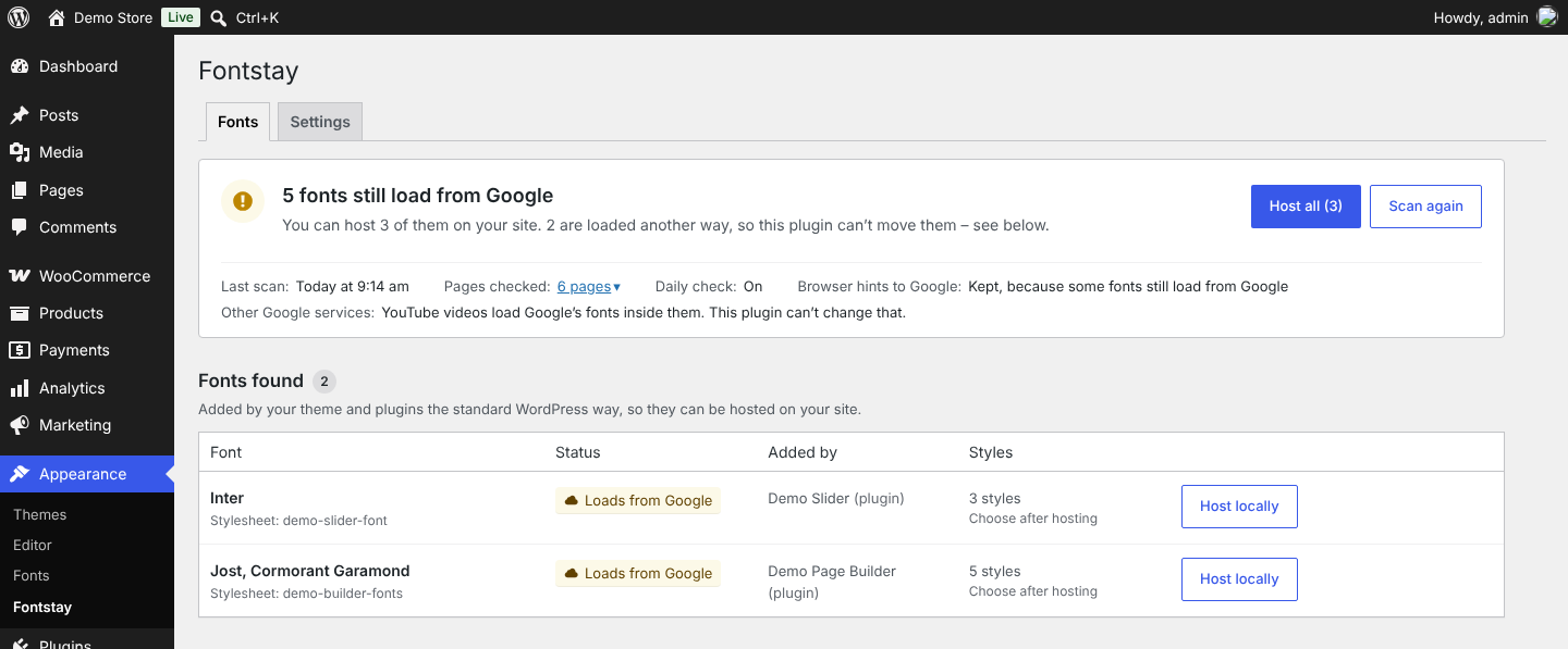 Fonts found on your site, with the theme or plugin that adds them and their status.