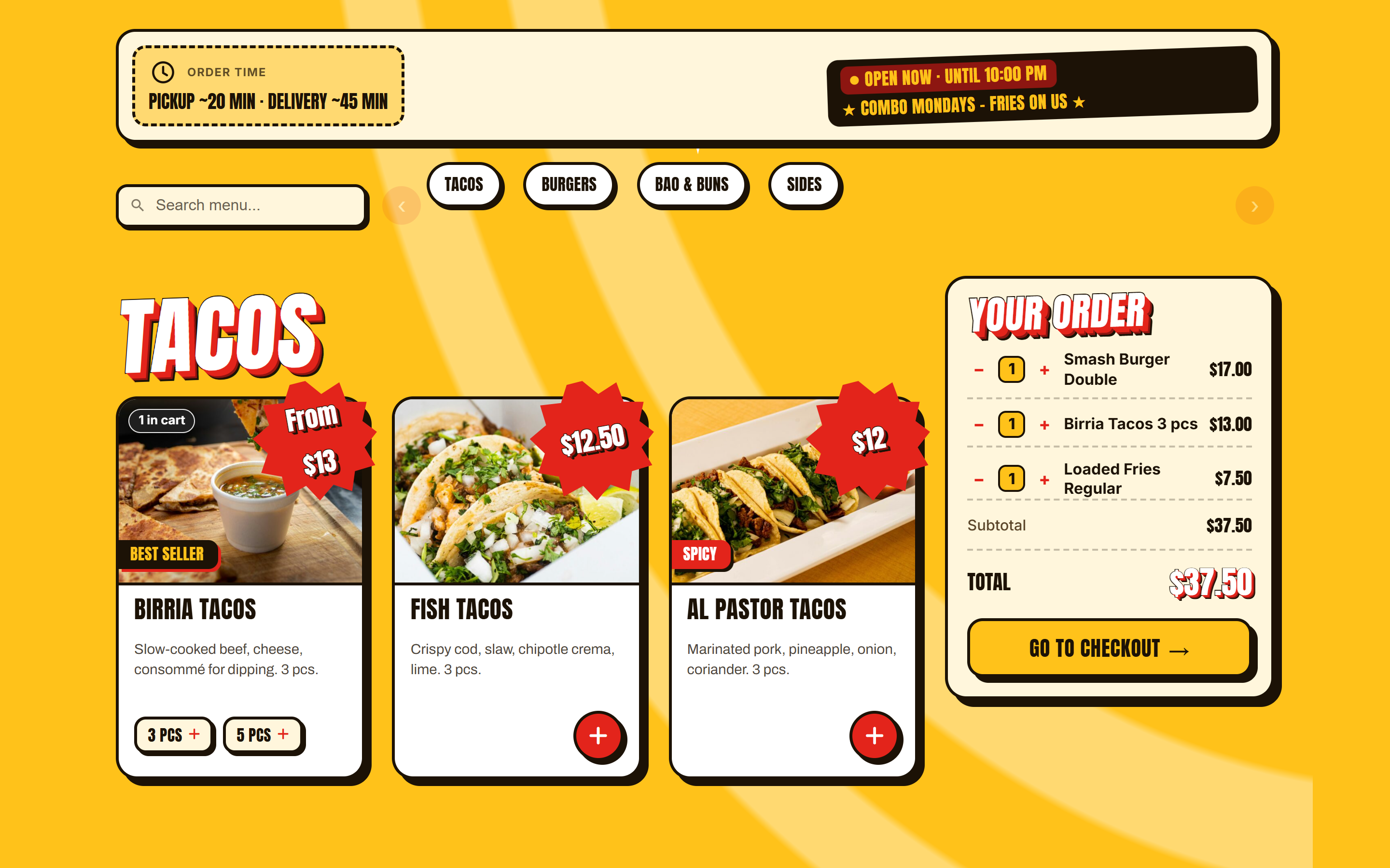 The Food Online Menu block with the Arcade template, with opening hours and order time in the order bar.