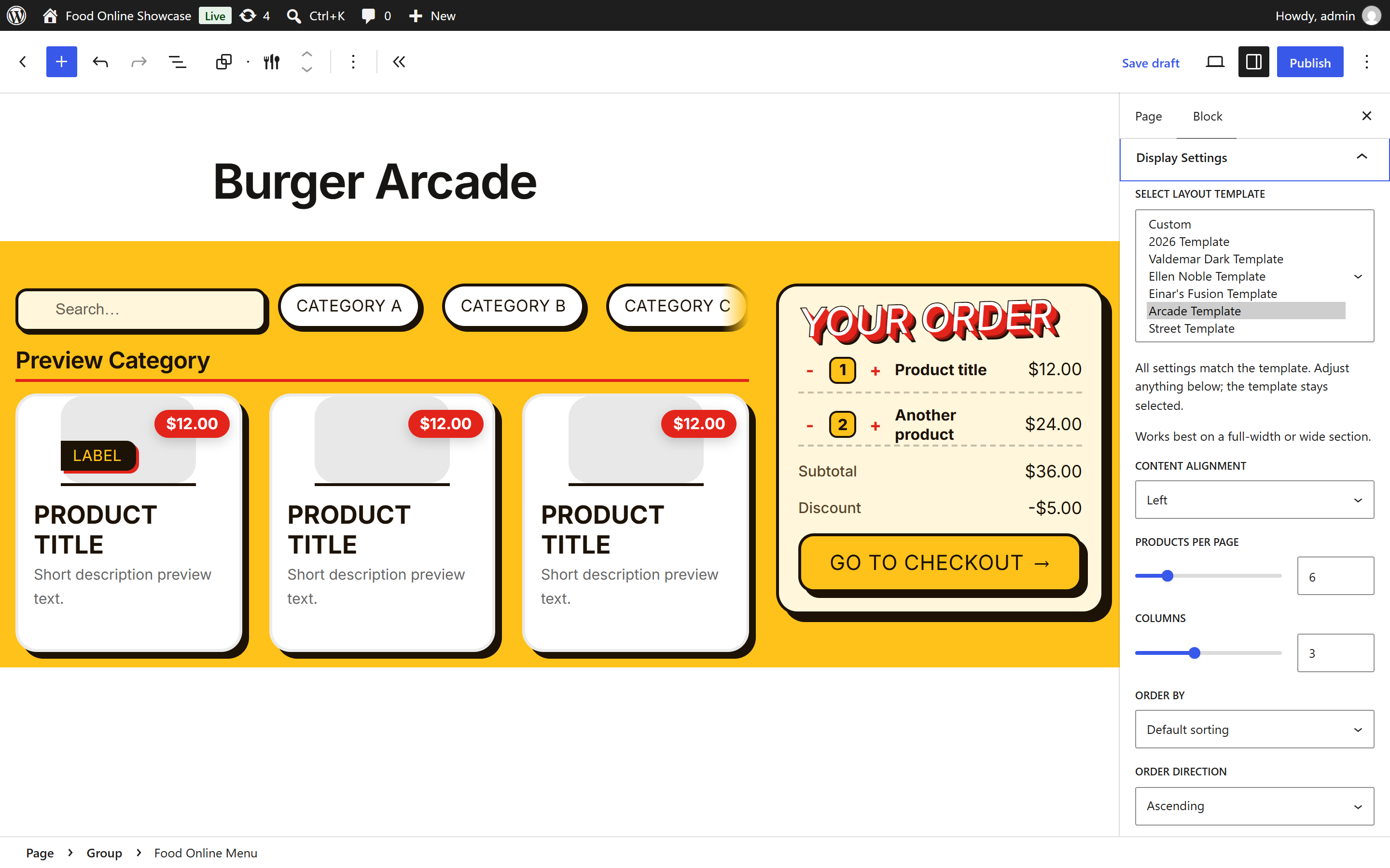 Choosing a template in the block editor.