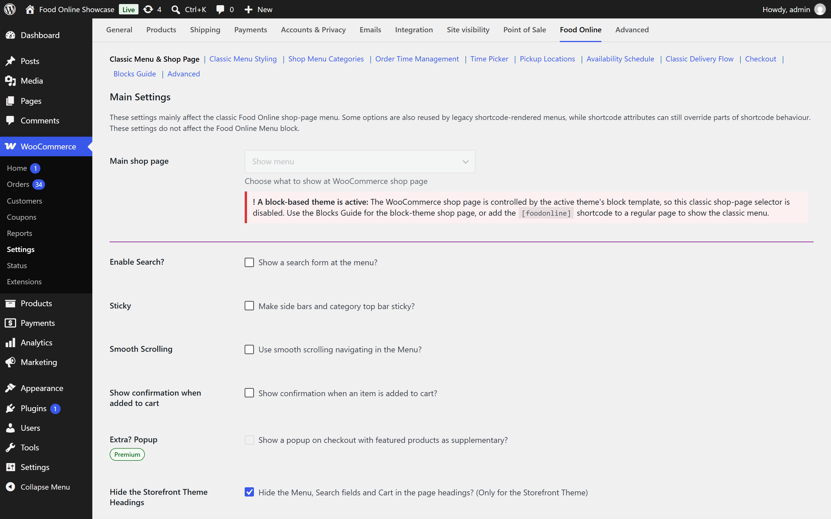 Food Online settings in WooCommerce.