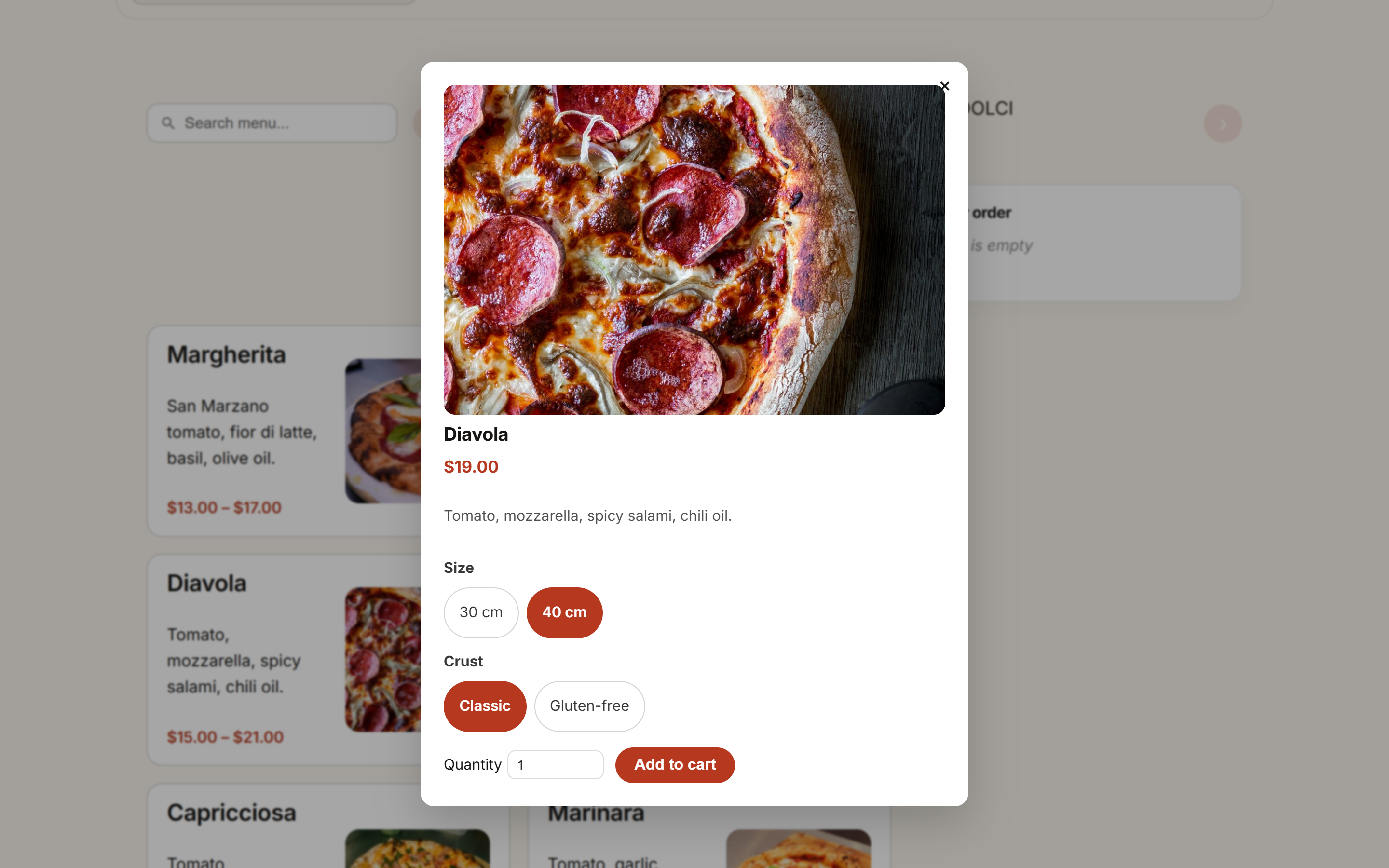 Product popup with options and a price that follows the choice.
