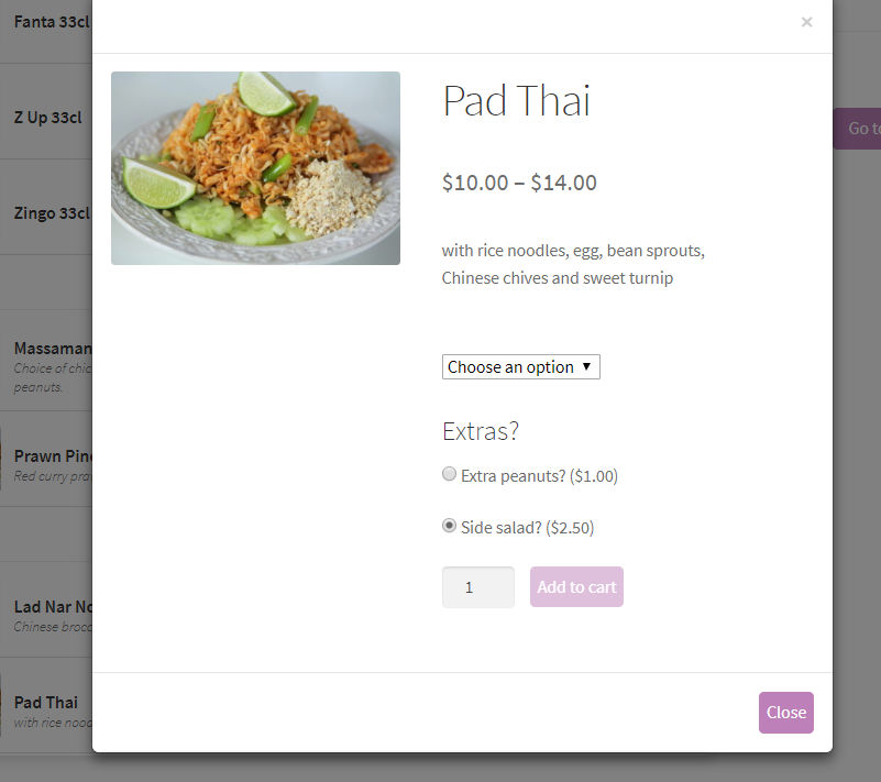 <p>Side dish example with WooCommerce Add-On</p>