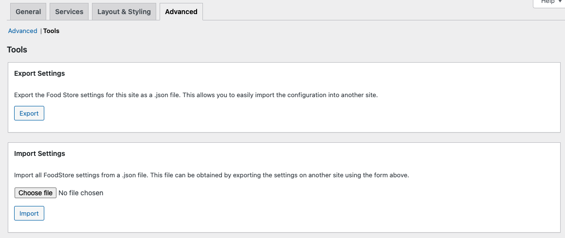 Settings import and export Options