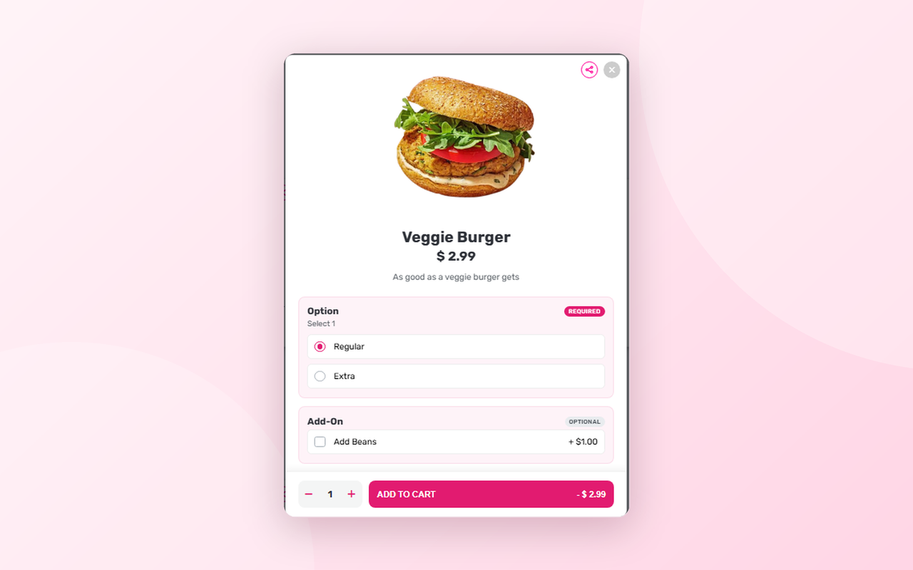 Product options popup for variable items.
