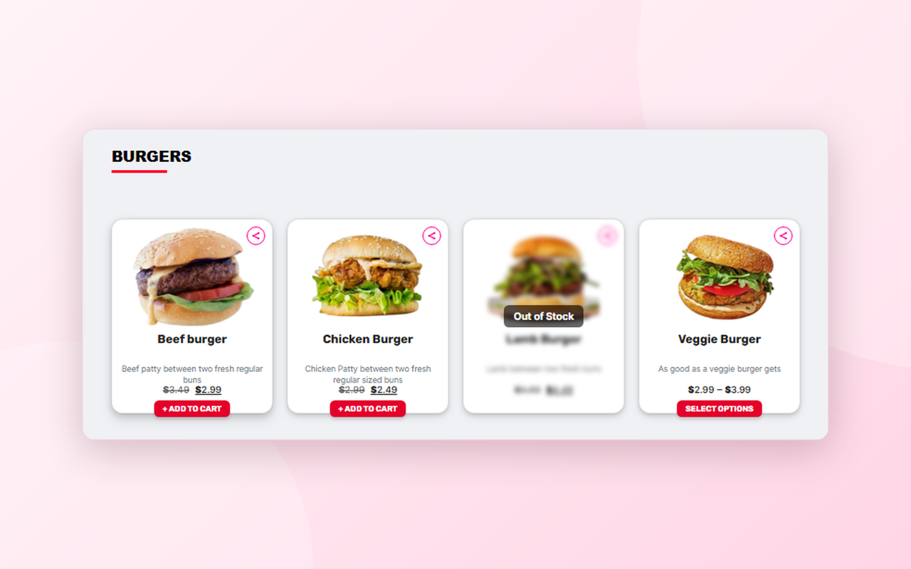 Out-of-stock items shown blurred with an overlay.
