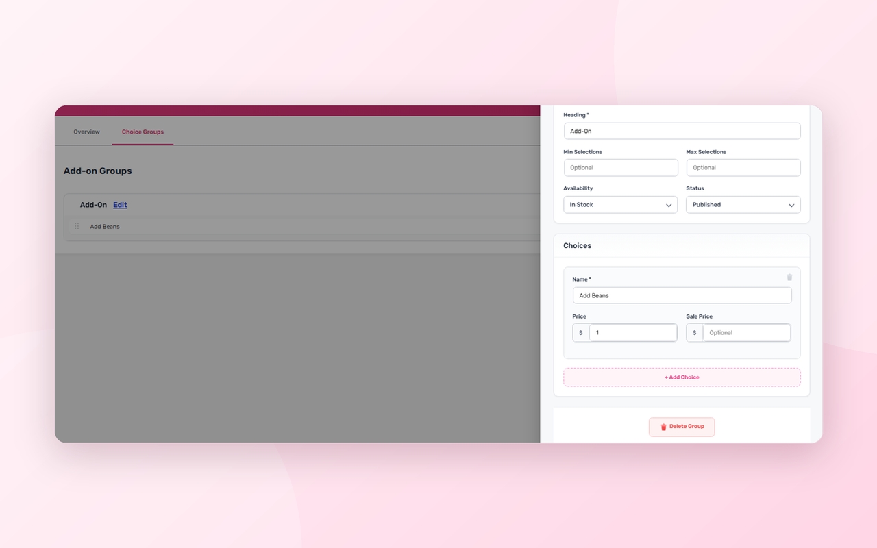 Pro: Choice groups for add-ons and extras.