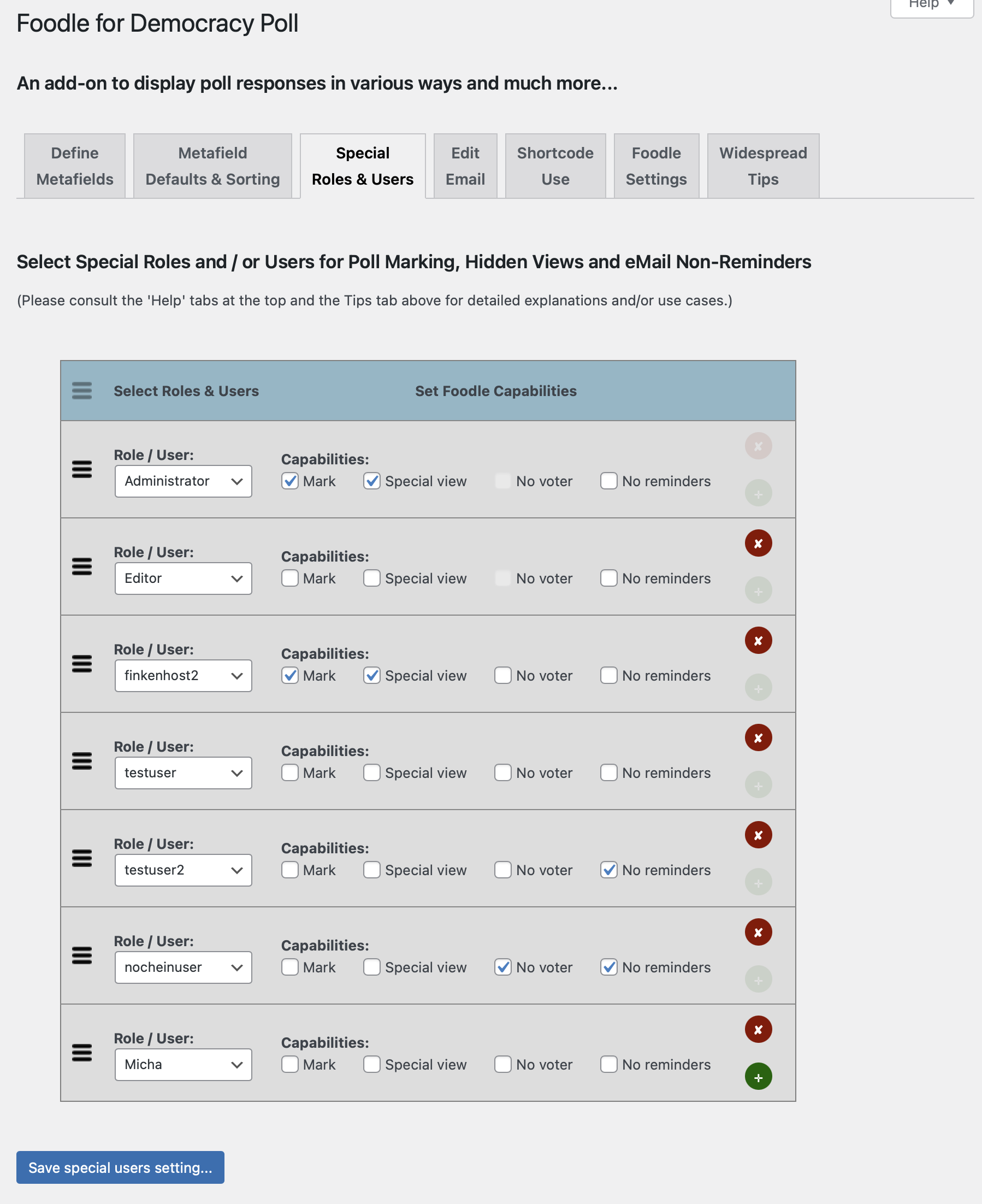 Admin tab: Roles & User internal capabilities