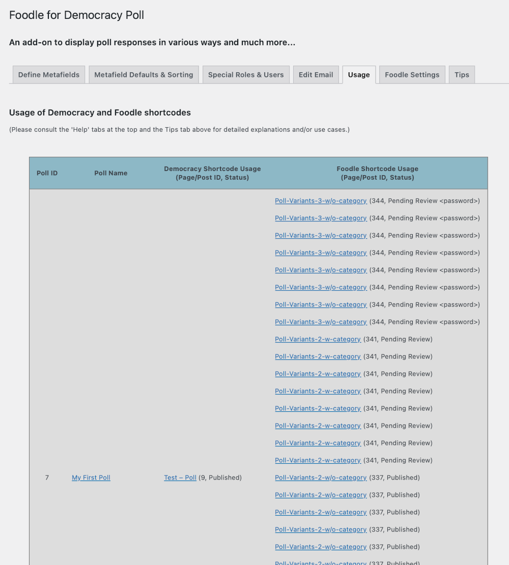 Admin tab: Shortcode use