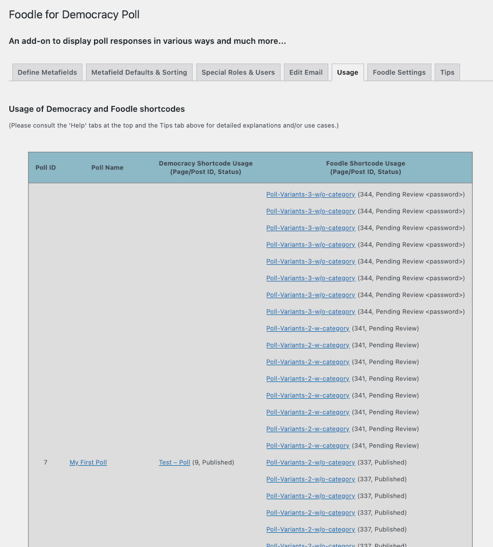 Admin tab: Shortcode usage