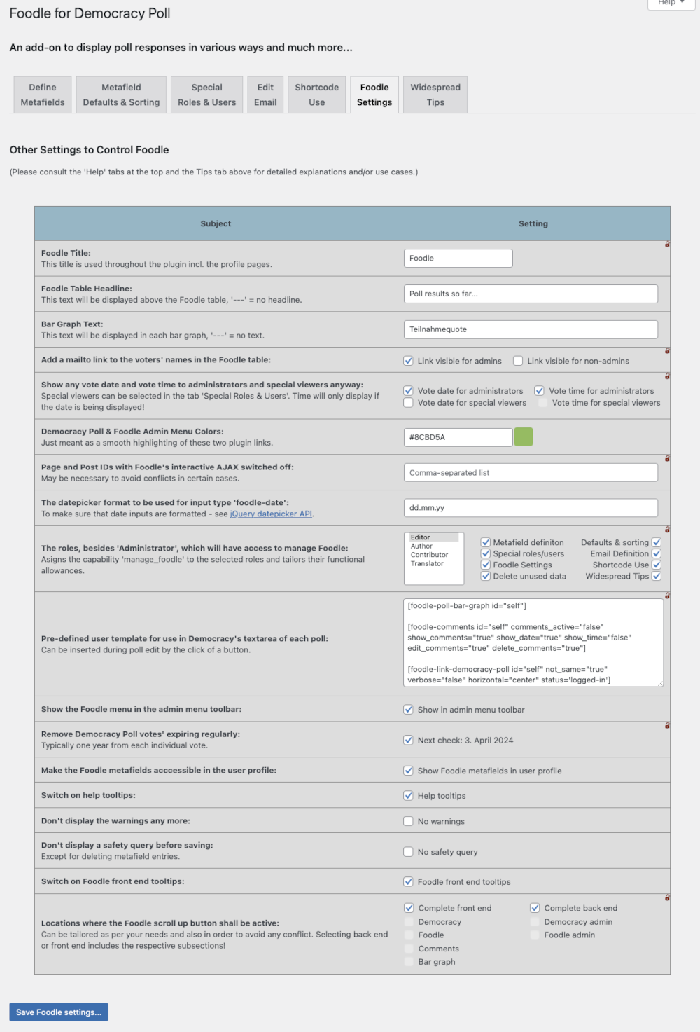 Admin tab: Foodle settings